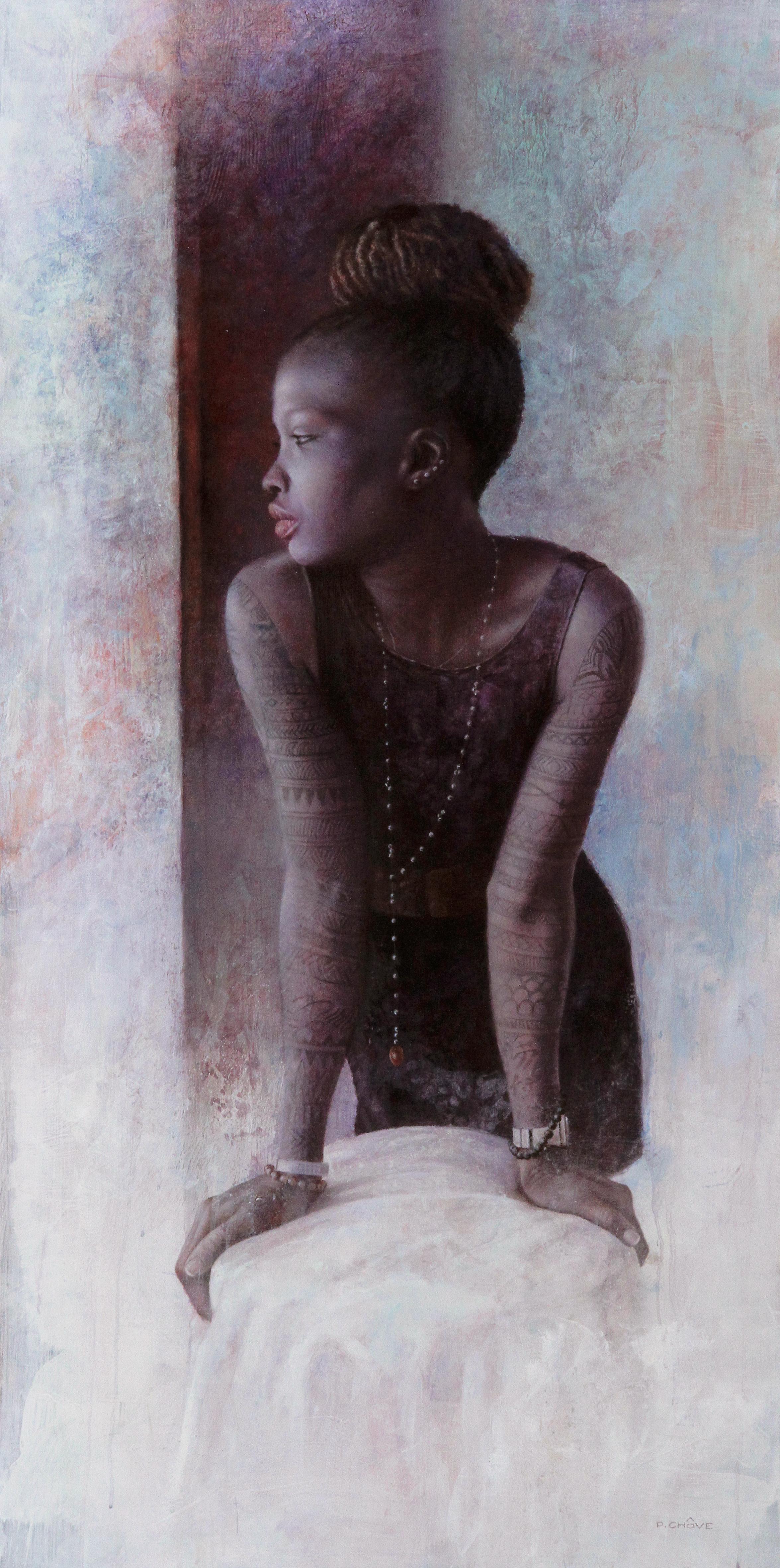 Pascal Chôve Nude Painting – „L'artiste“, Ölgemälde auf Holz, 100x50 cm