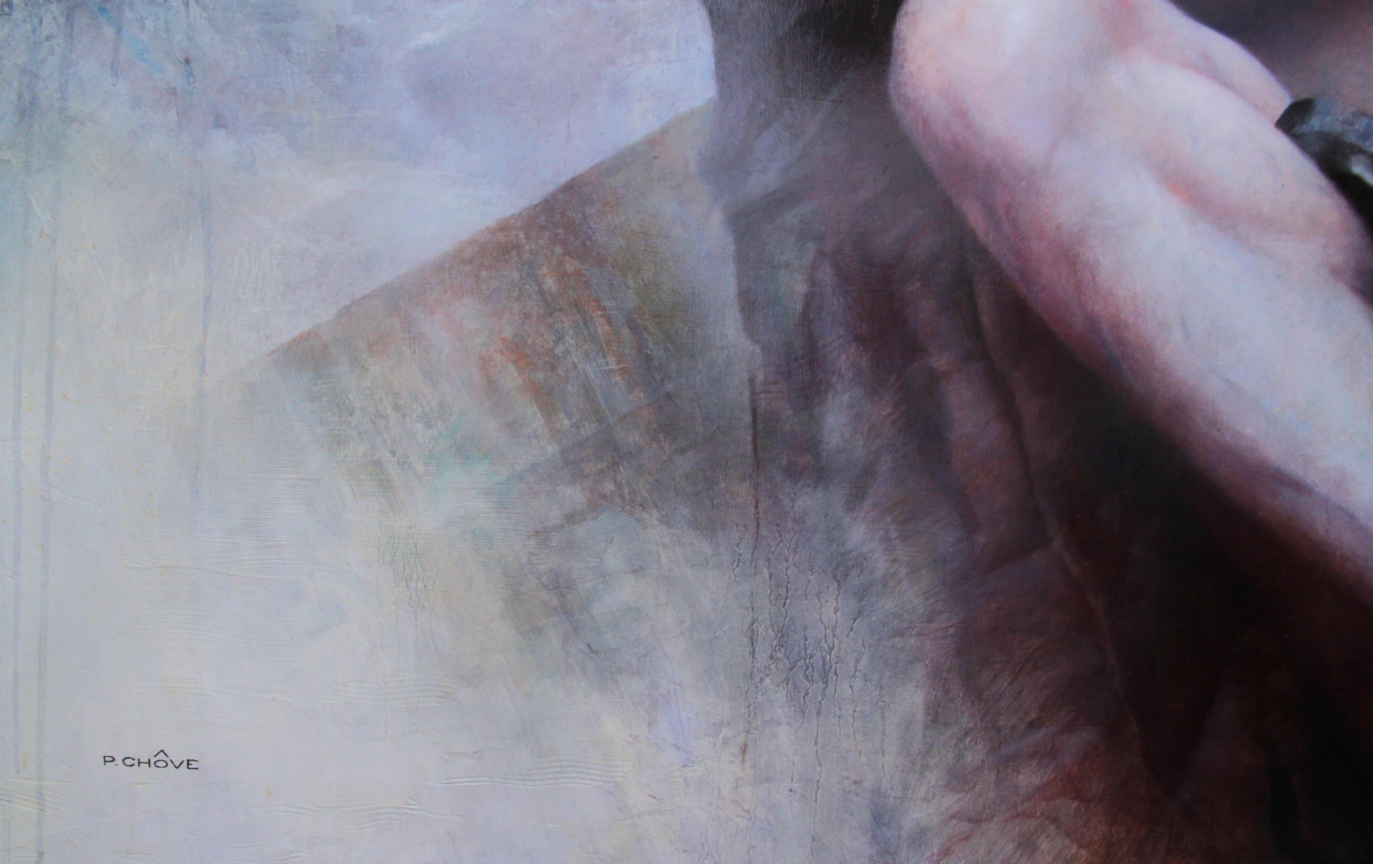 „Strange Sommer“ Ölgemälde auf Holz, 100x100 cm (Grau), Portrait Painting, von Pascal Chôve
