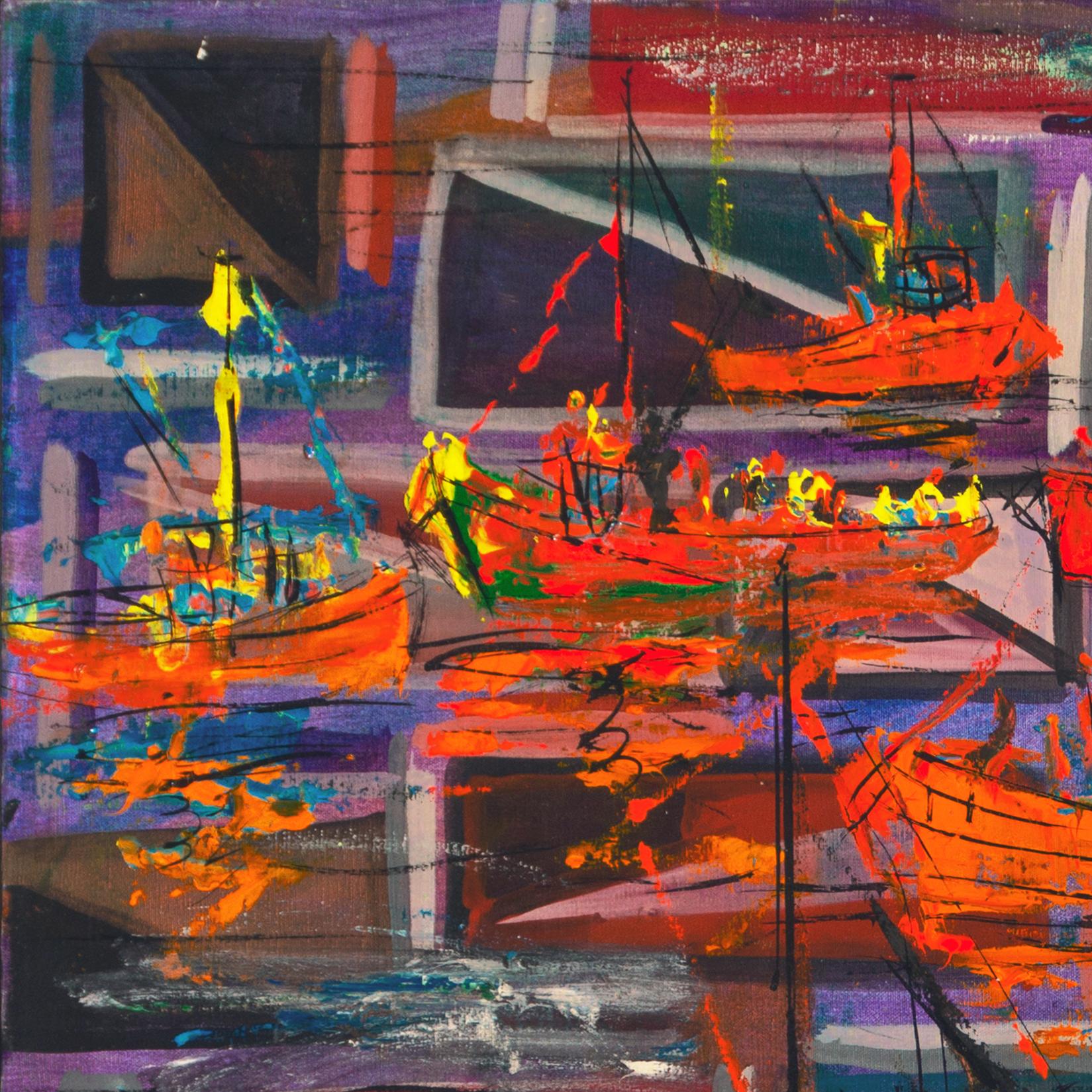 'Fishing Boats', Sausalito, North Beach, San Francisco Bay Area Expressionist - Black Abstract Painting by Pascal Cucaro