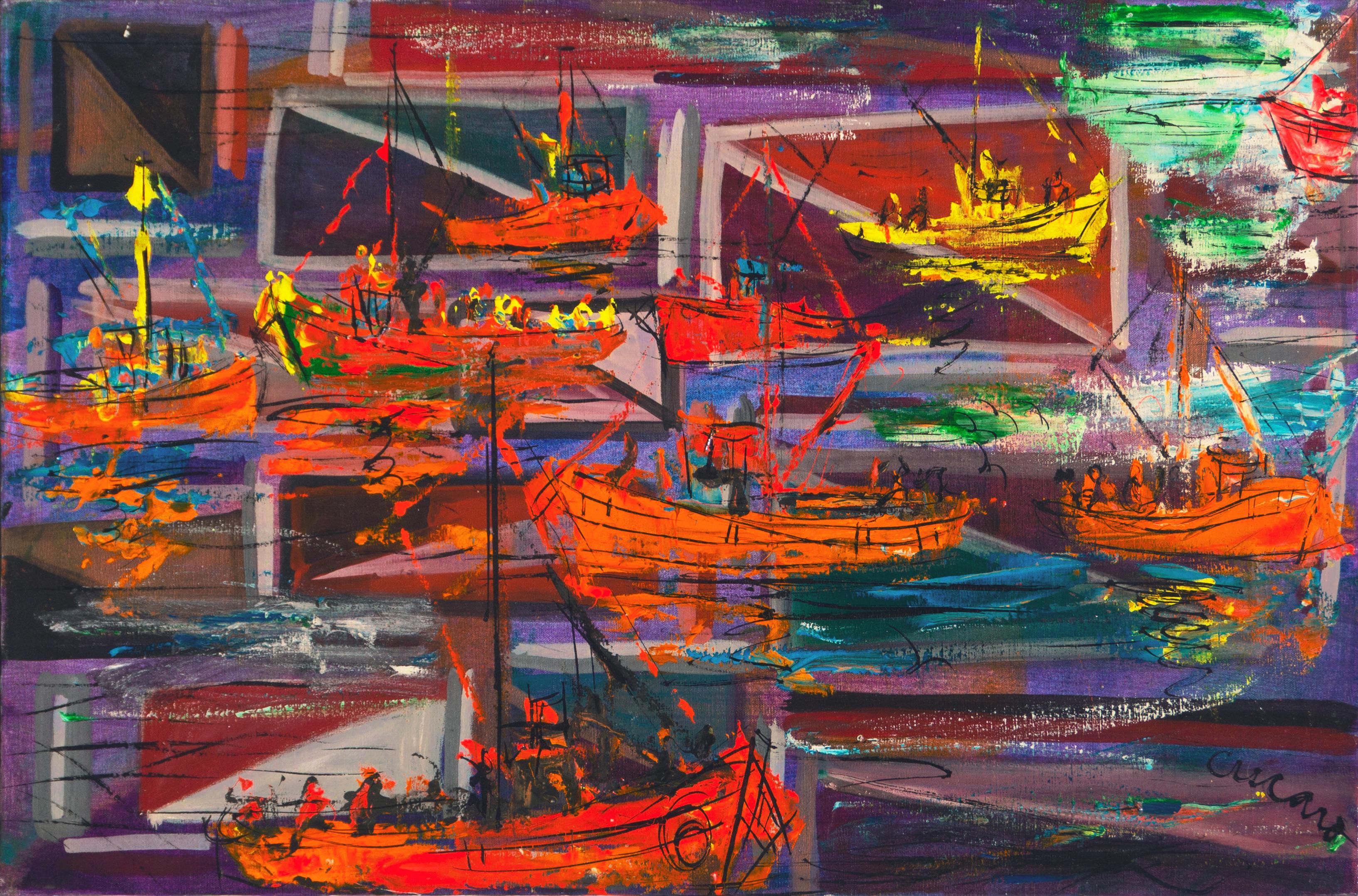 Pascal Cucaro Abstract Painting - 'Fishing Boats', Sausalito, North Beach, San Francisco Bay Area Expressionist