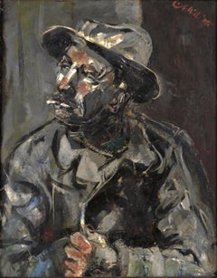 Mid Century Portrait of a Man With Hat Smoking a Cigarette