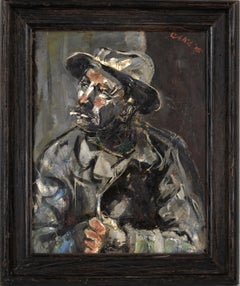 Mid Century Portrait of a Man With Hat Smoking a Cigarette 