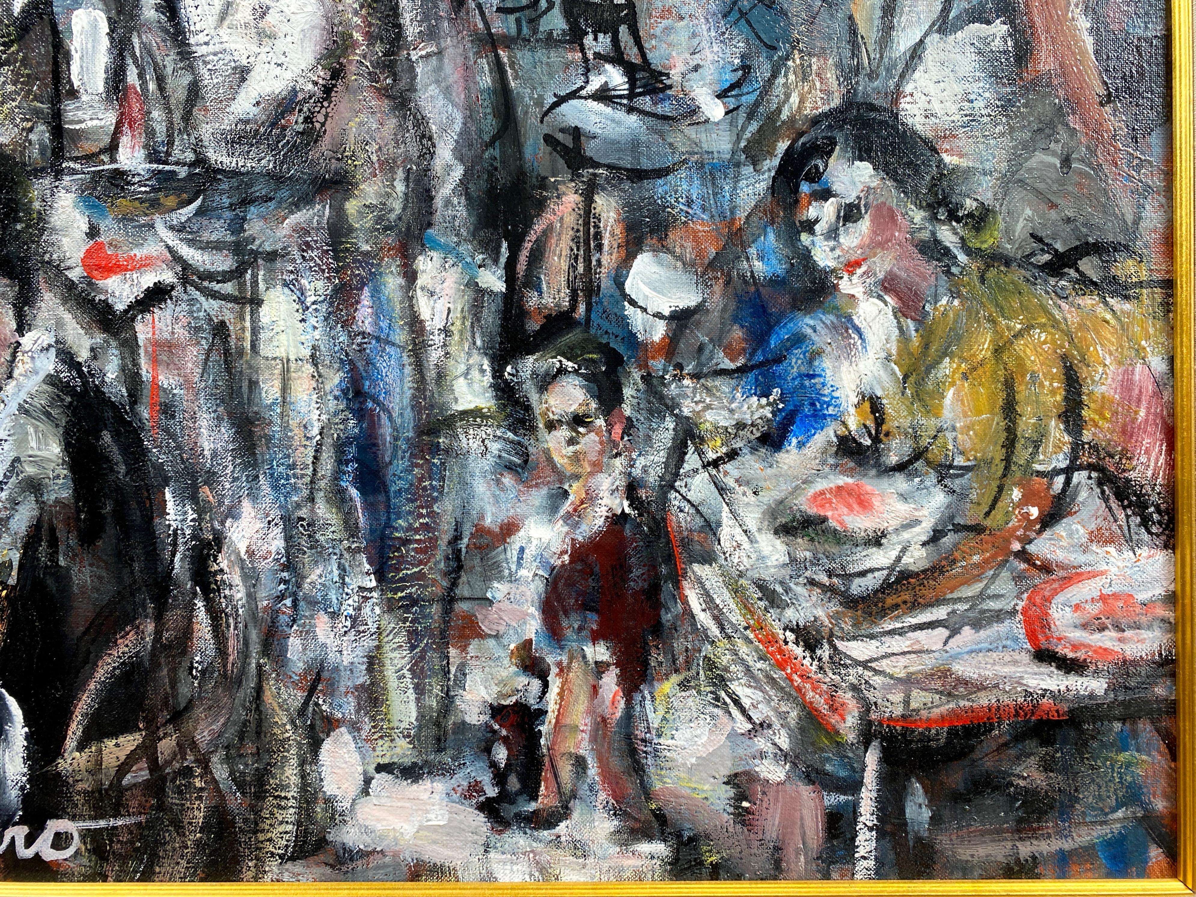 Pascal Cucaro “Crowded Café”, Expressionist Oil Painting, 1960s 2