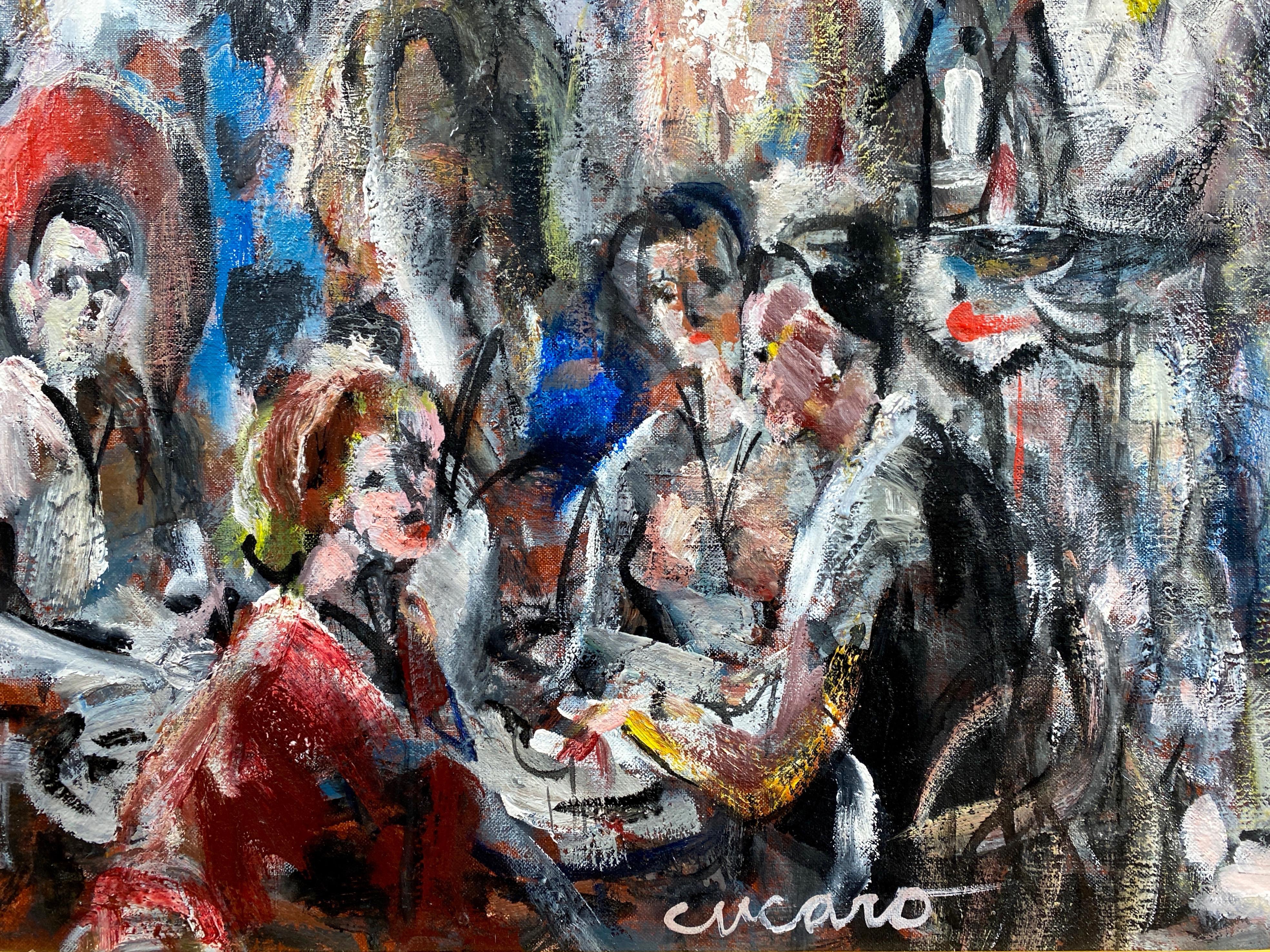 Pascal Cucaro “Crowded Café”, Expressionist Oil Painting, 1960s 3