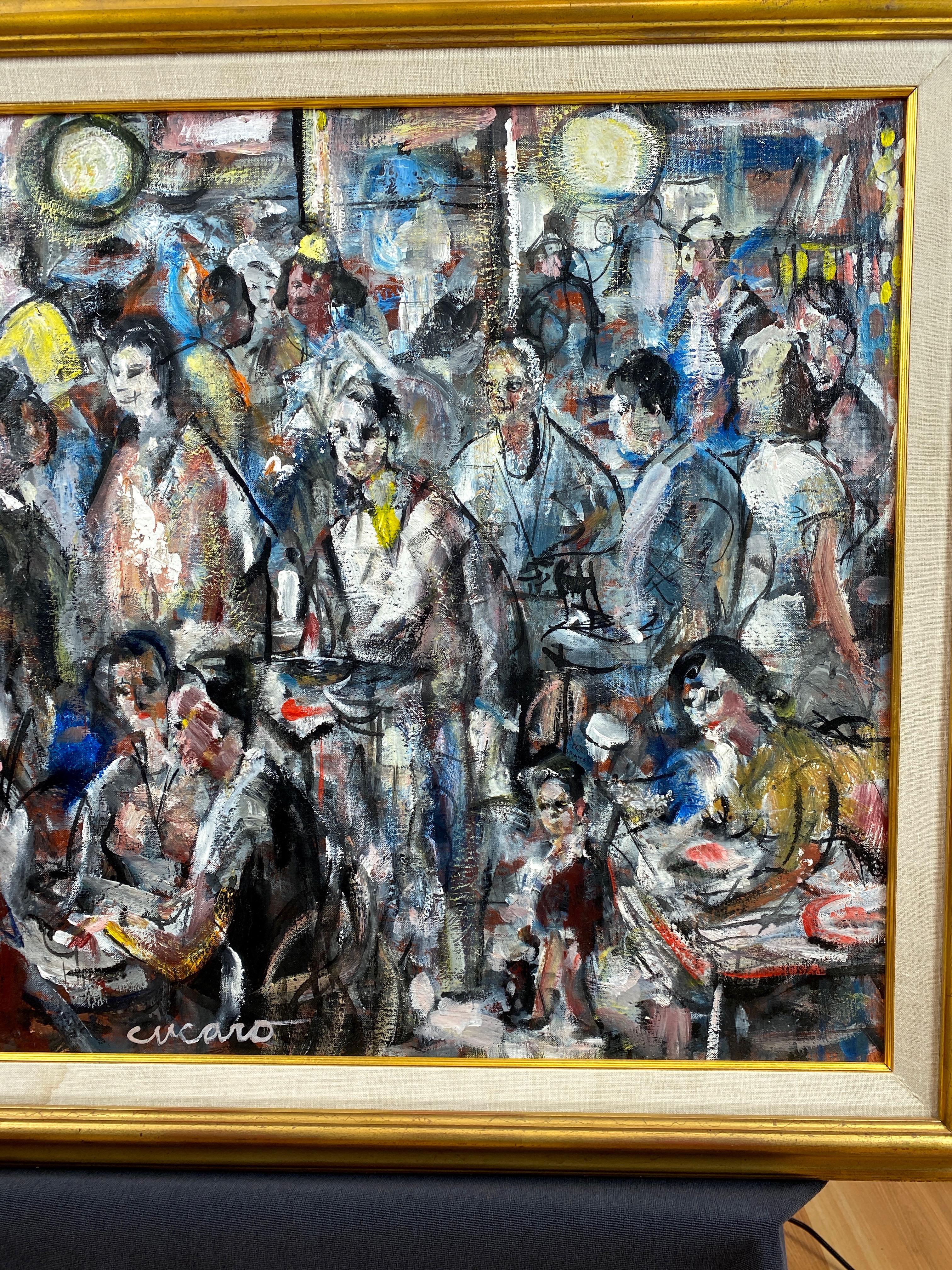 American Pascal Cucaro “Crowded Café”, Expressionist Oil Painting, 1960s