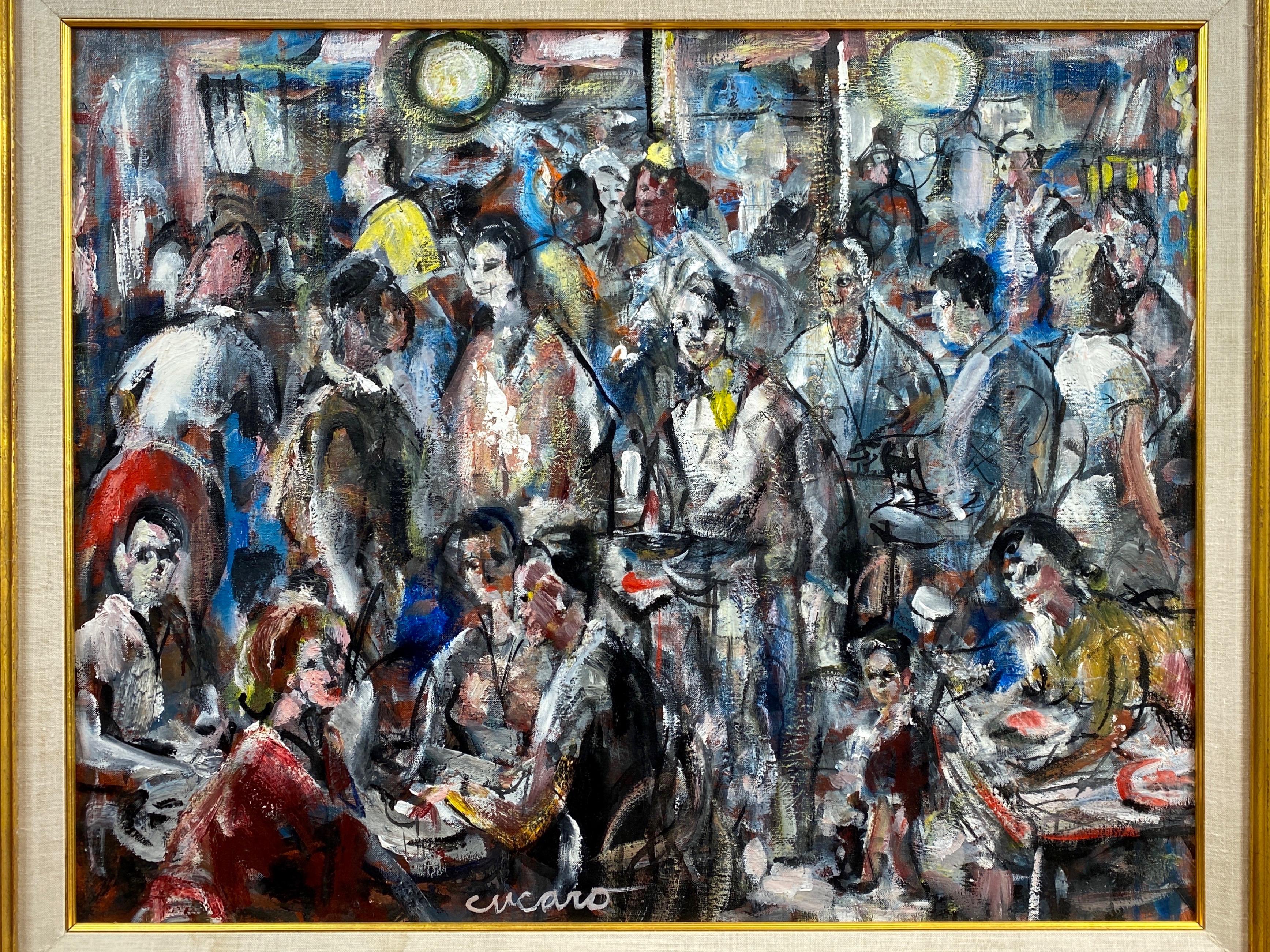 Pascal Cucaro “Crowded Café”, Expressionist Oil Painting, 1960s In Good Condition In San Francisco, CA