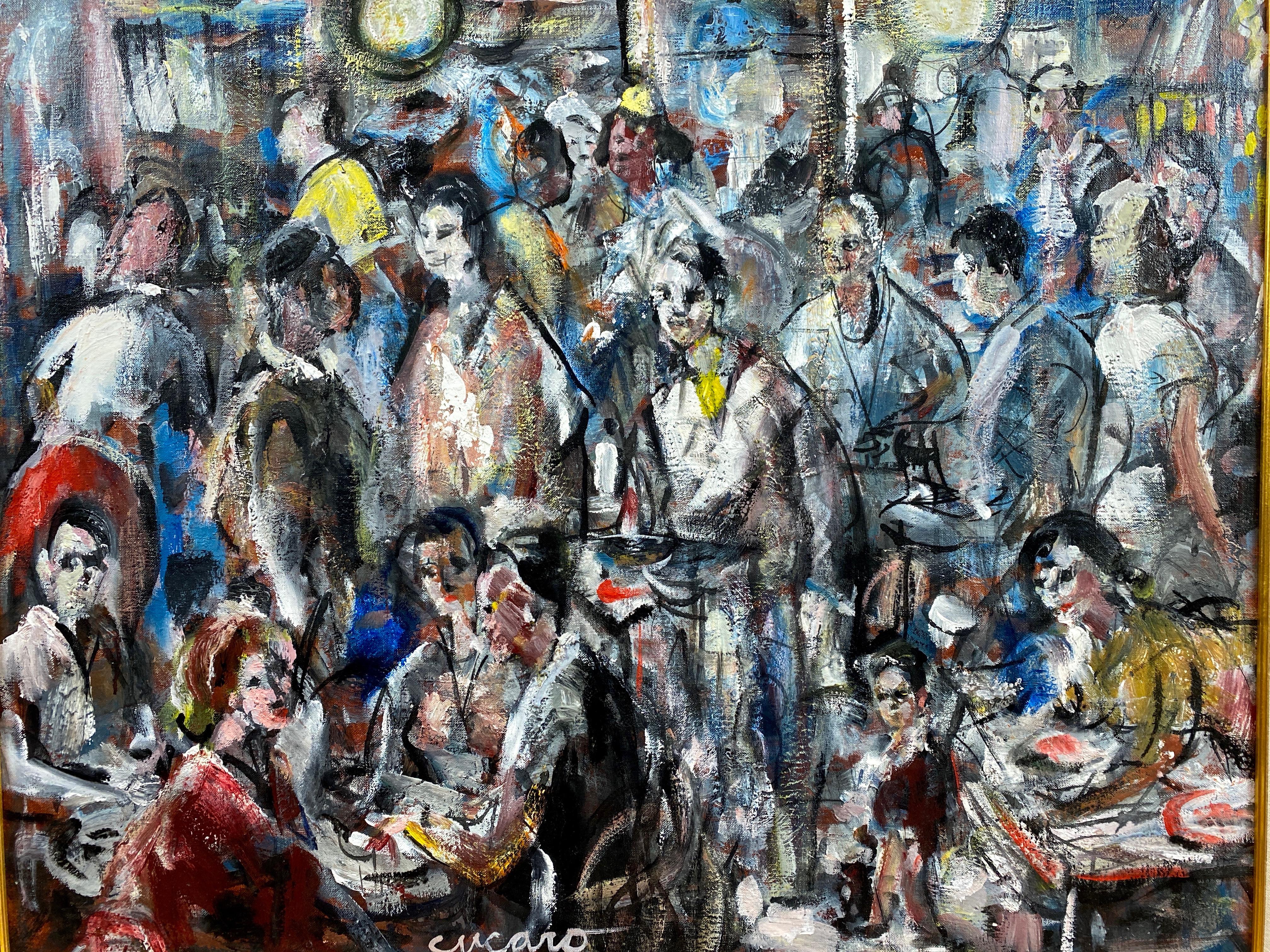 Mid-20th Century Pascal Cucaro “Crowded Café”, Expressionist Oil Painting, 1960s