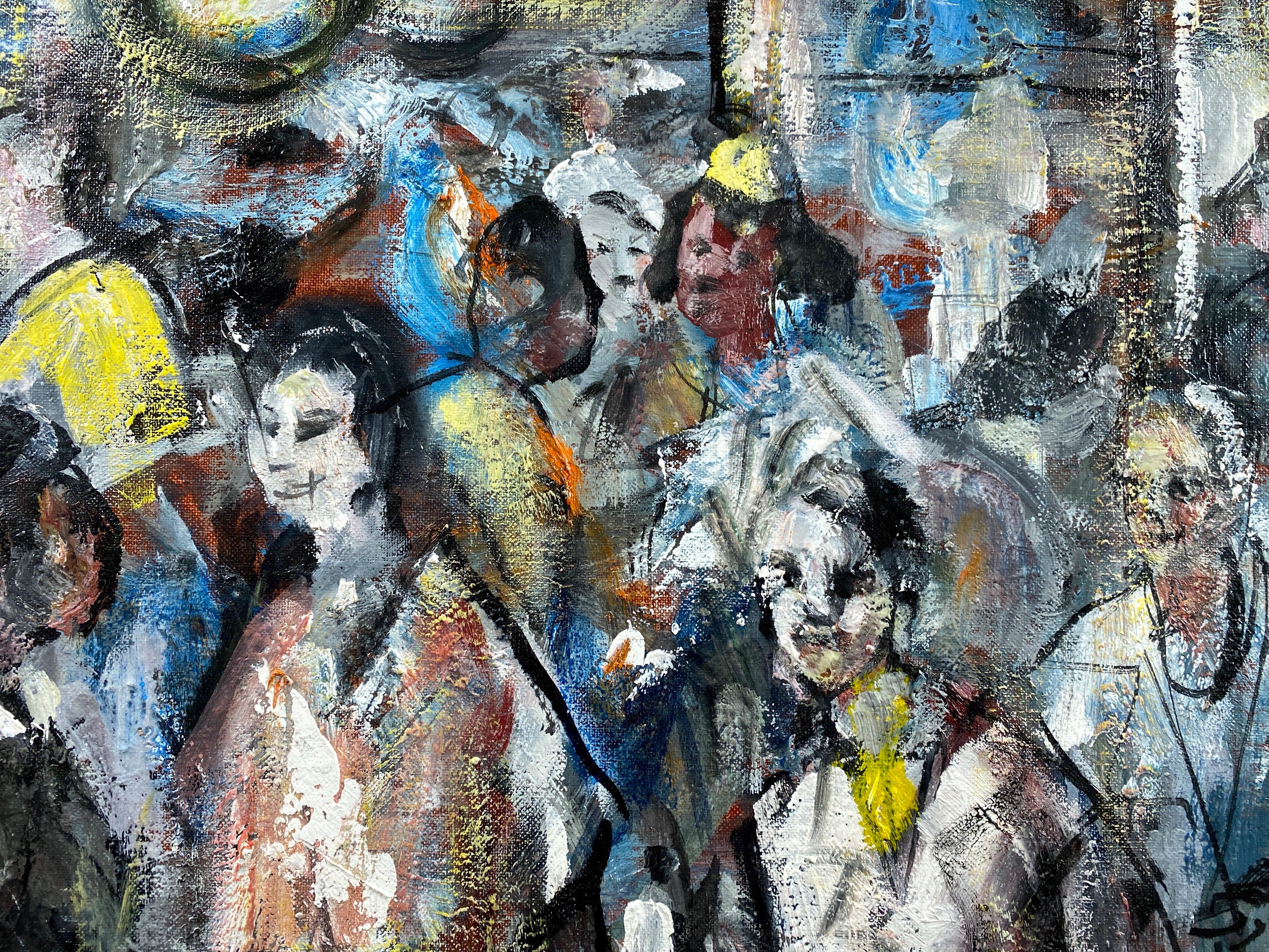 Linen Pascal Cucaro “Crowded Café”, Expressionist Oil Painting, 1960s