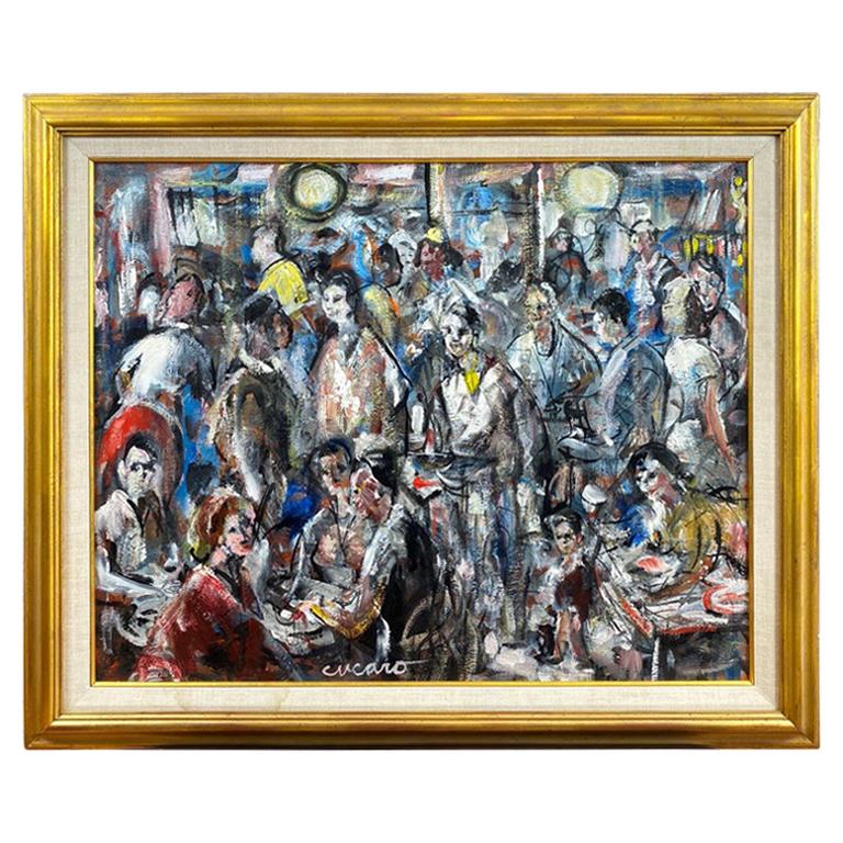 A 1960s expressionist oil painting on canvas of a crowded outdoor café or restaurant by important San Francisco artist Pascal “Pat” Cucaro (b. 1915–2004).

Colorful and kinetic depiction of a lively establishment packed with patrons. Characterized