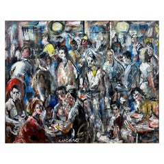 Pascal Cucaro “Crowded Café”, Expressionist Oil Painting, 1960s