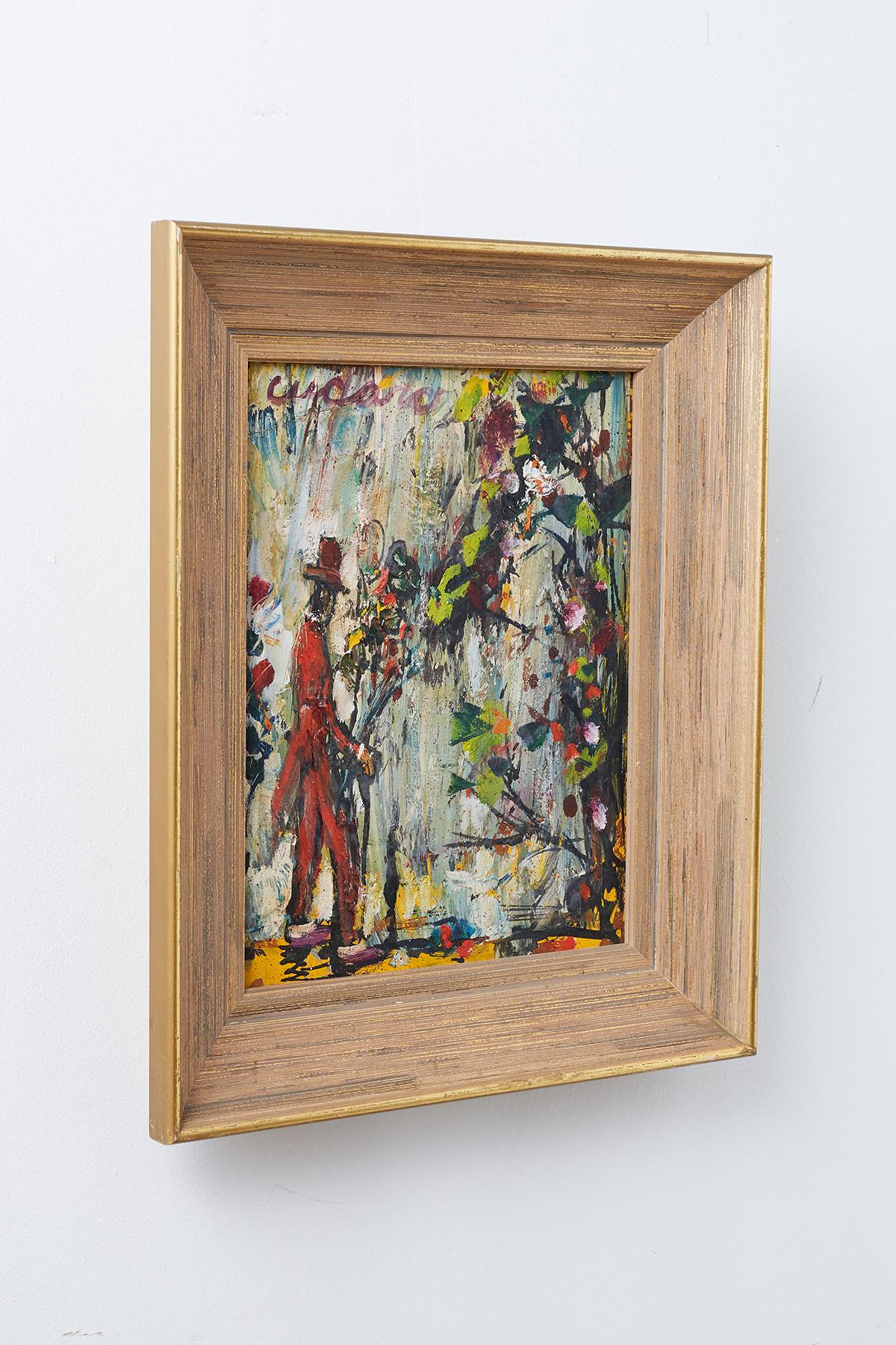 Colorful oil on board figurative painting by Pascal Cucaro. Features thick applied paint on Masonite board typical of Cucaro's style. Depicts a clown man in a red suit with a hat holding balloons with a busy background. Set in a deep giltwood frame.