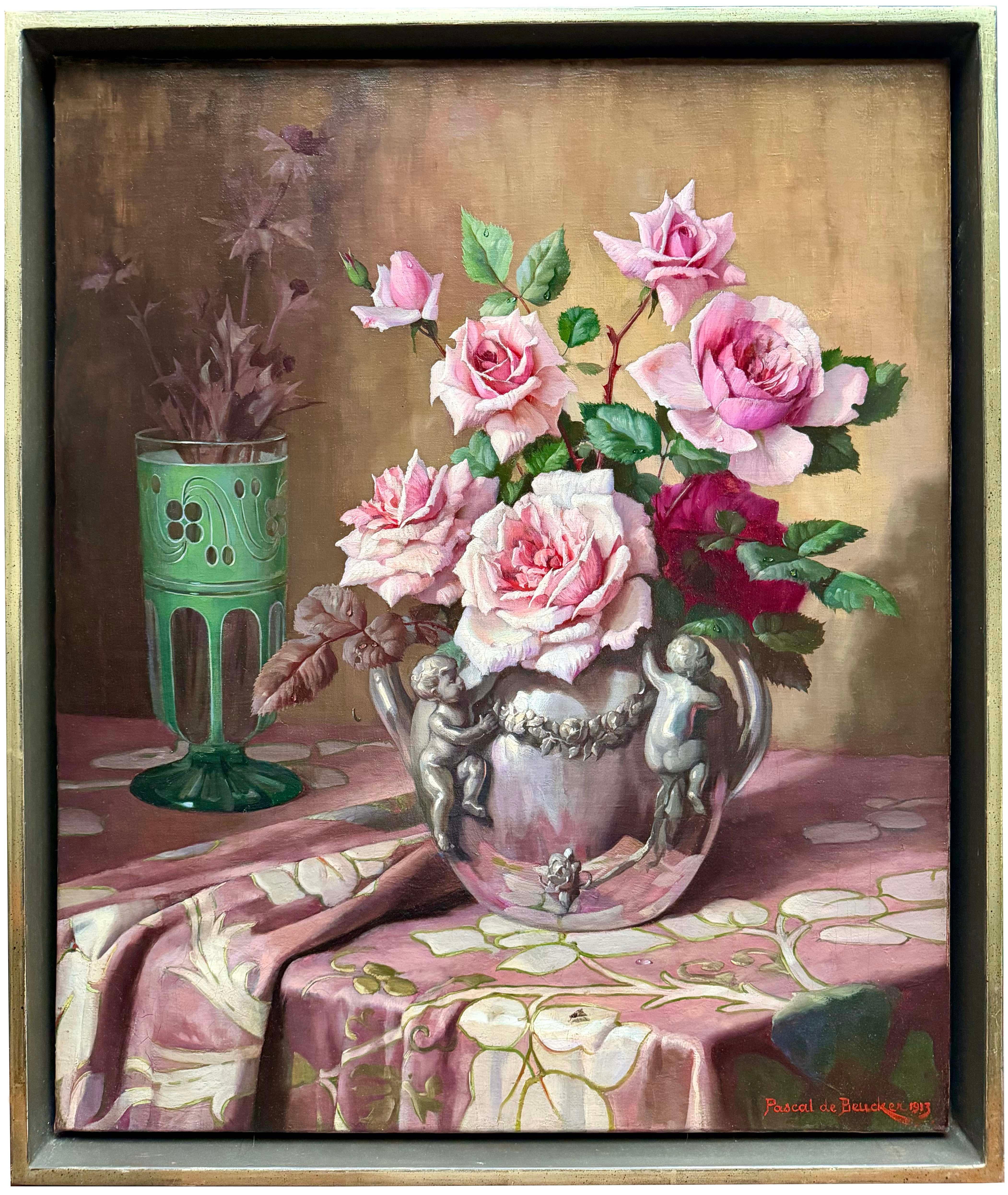 Pascal De Beucker
Antwerpen 1861 - 1945 Schilde
Belgisch - Amerikanischer Maler

Rosen in einer Engelsvase".

Signatur: signiert unten rechts und datiert 1913 'Pascal de Beucker 1913'.
Medium: Öl auf Leinwand
Abmessungen: Bildgröße 61 x 51 cm;