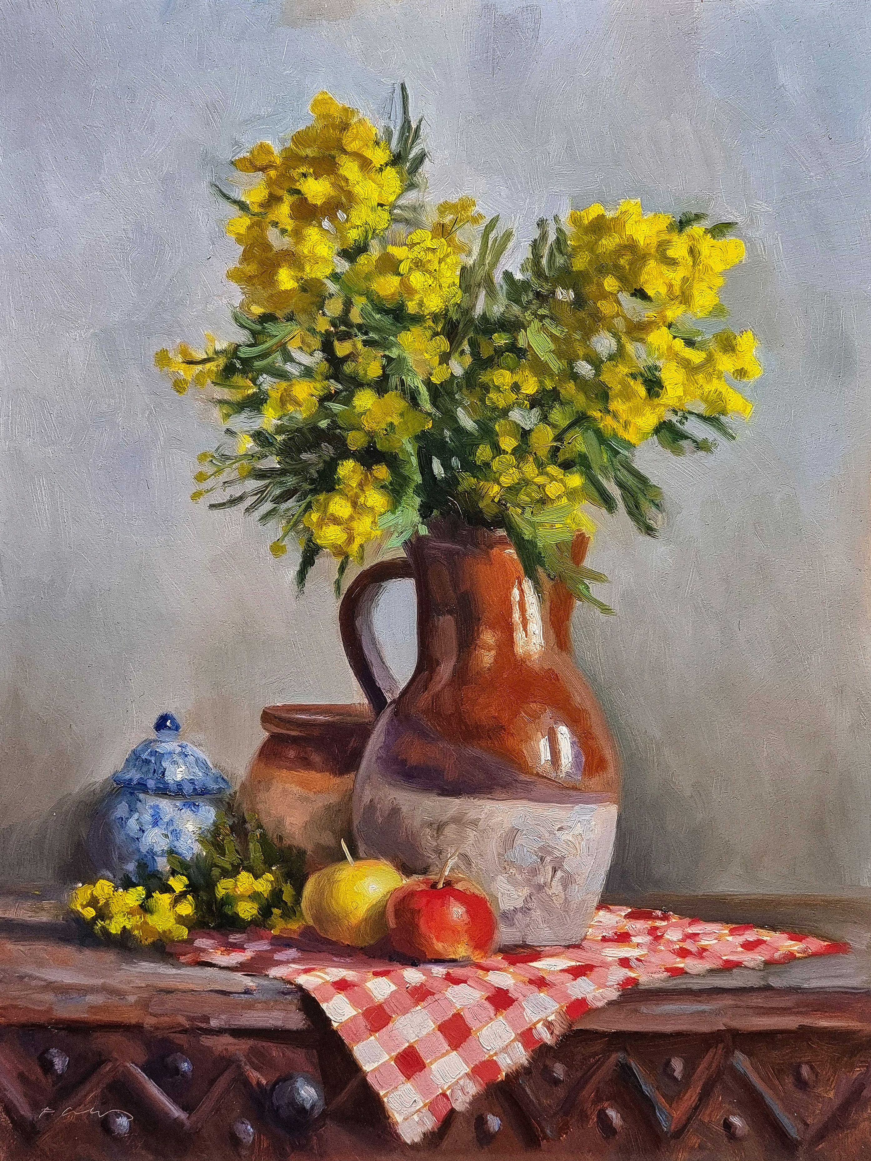 Bouquet e Mimosas, Gemälde, Öl auf MDF-Tafel – Painting von Pascal Giroud