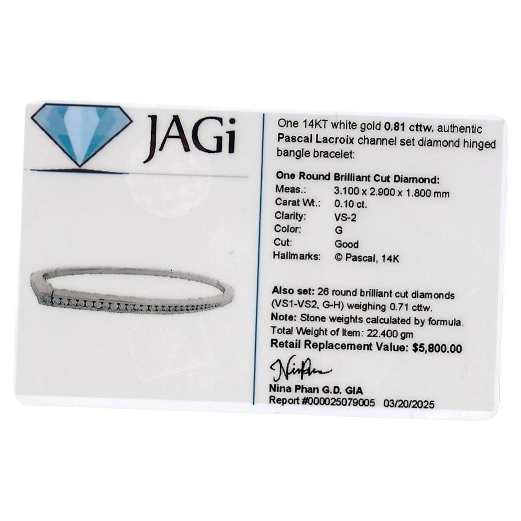 Pascal Lacroix Channel Set Diamond Hinged Bangle Bracelet in 14 Karat White Gold For Sale 3