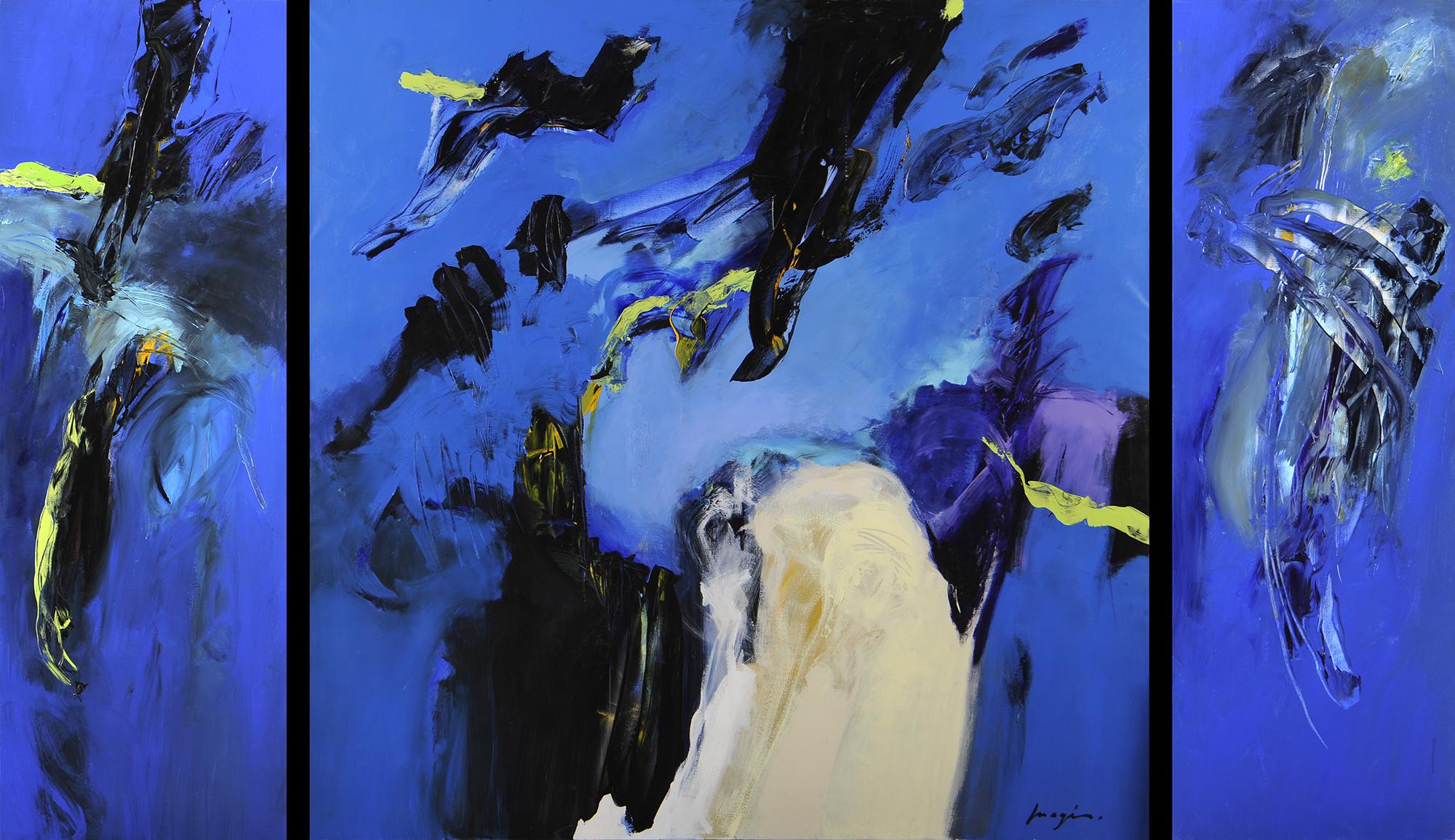 Pascal Magis Abstract Painting - Blue triptych - 1998