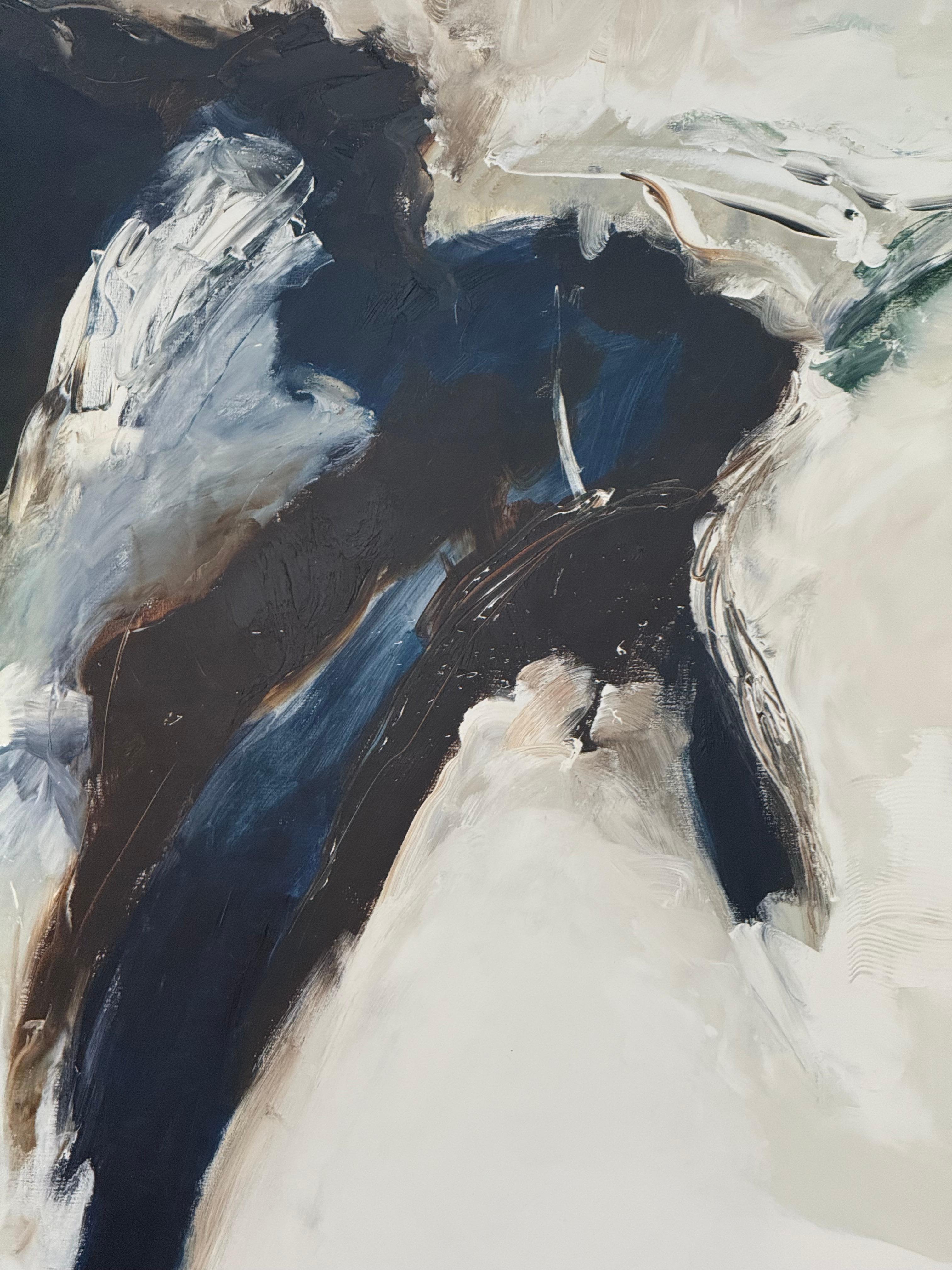 A dynamic and emotionally resonant abstract painting by French artist Pascal Magis, created in 1999. Executed in acrylic on canvas, the work features bold, gestural strokes in deep indigo, earthy browns, greens, and soft whites creating a striking