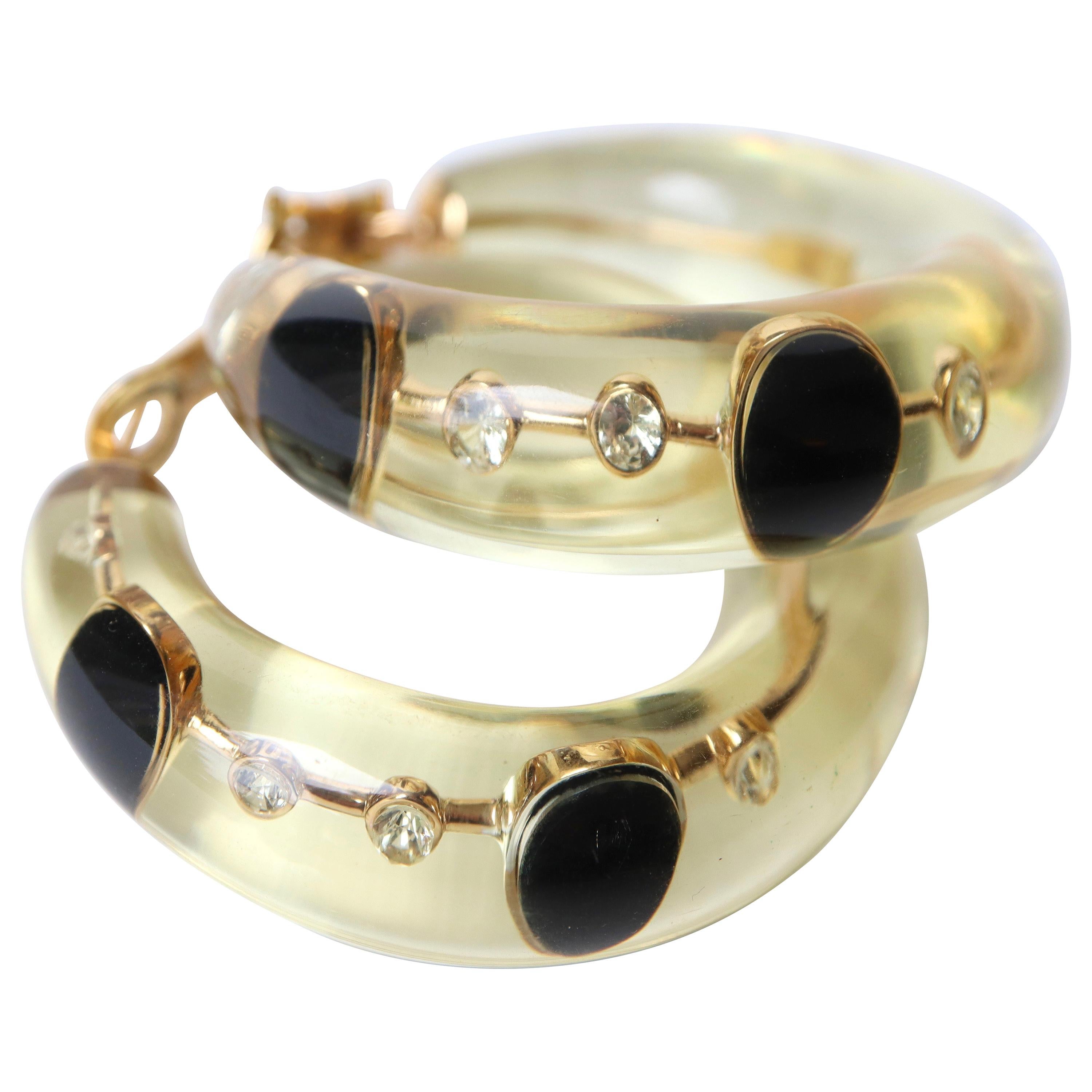 Pascal Morabito Hoop Earrings, 18 Karat Yellow Gold, Diamonds and Onyx in Resin For Sale