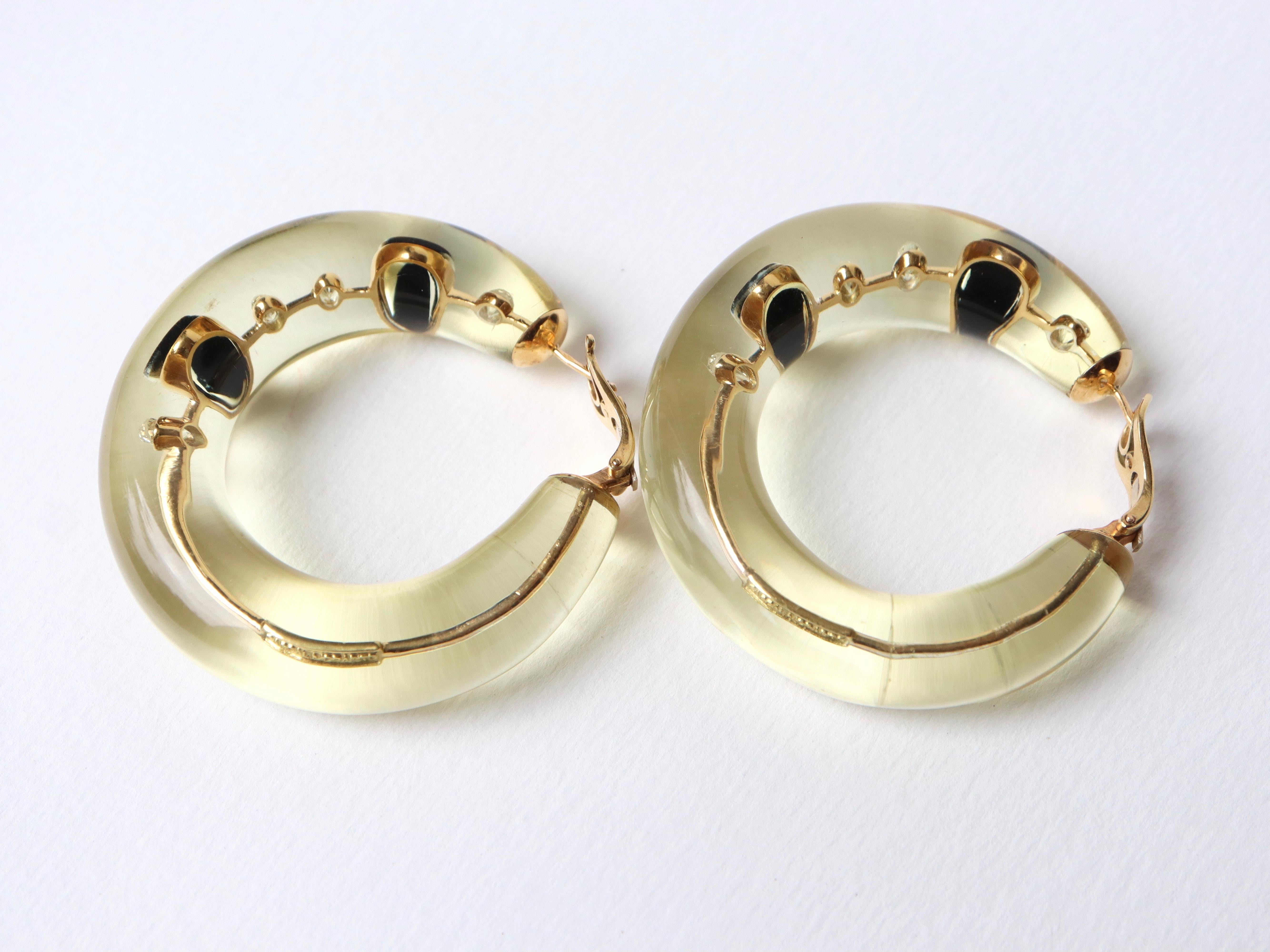 Brilliant Cut Pascal Morabito Hoop Earrings, 18 Karat Yellow Gold, Diamonds and Onyx in Resin For Sale
