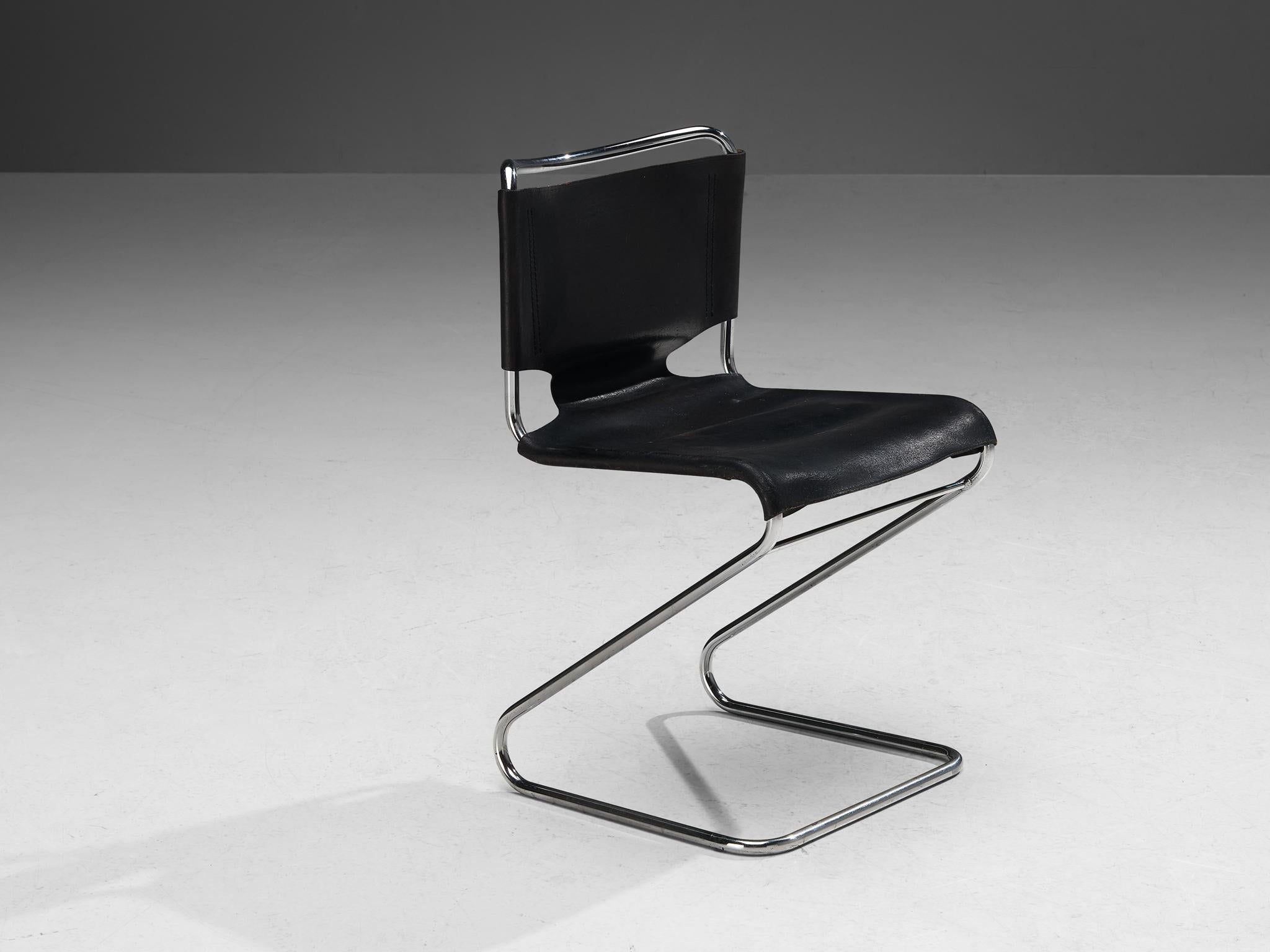 Pascal Mourgue, 'Biscia' dining chair, chrome-plated steel, leather, France, 1960s

This type of chair embodies a dynamic appearance that, for instance, comes forward in the cantilevered tubular frame with curved lines and angular shapes dominating