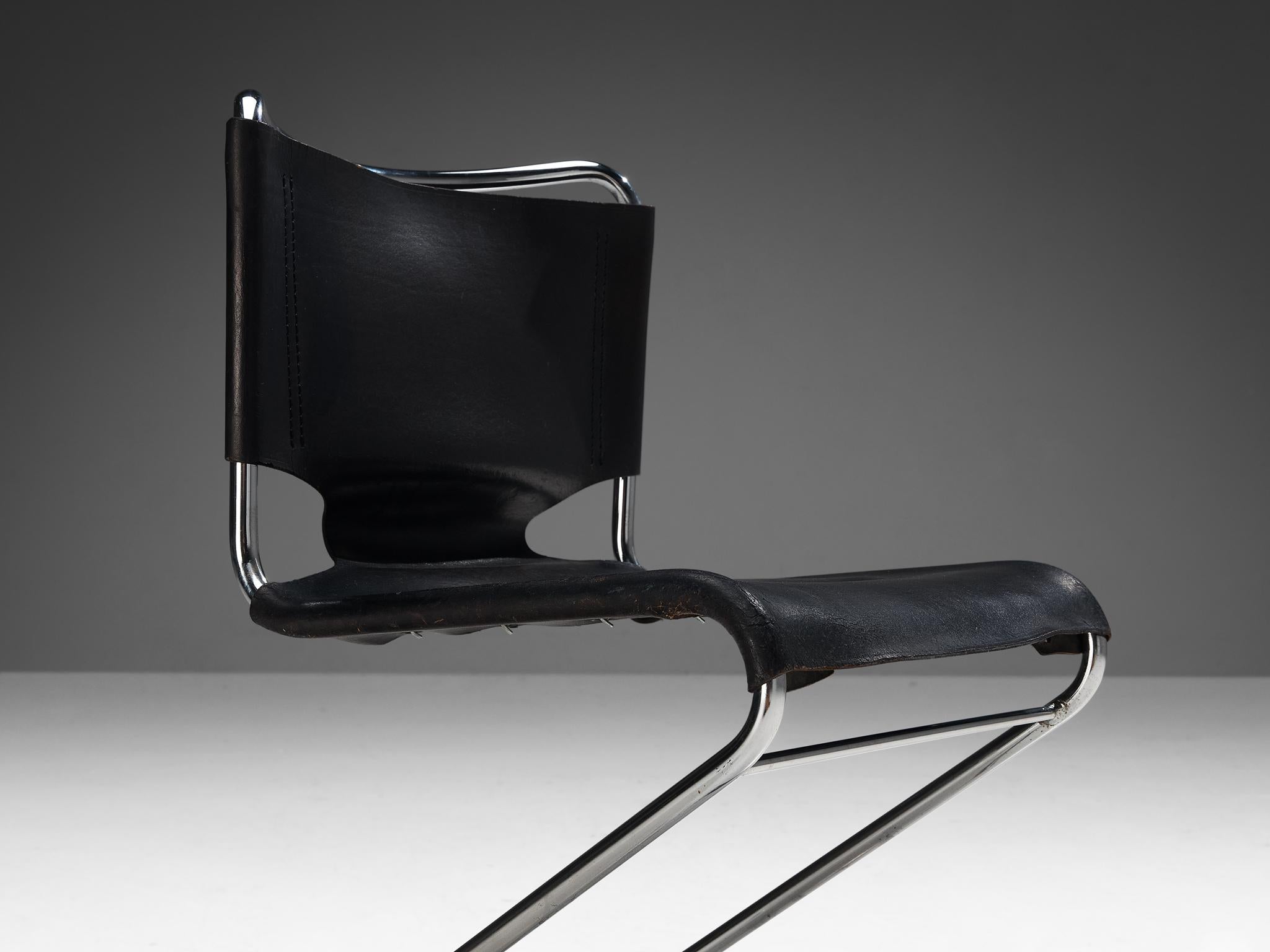 Steel Pascal Mourgue 'Biscia' Chair in Black Saddle Leather 