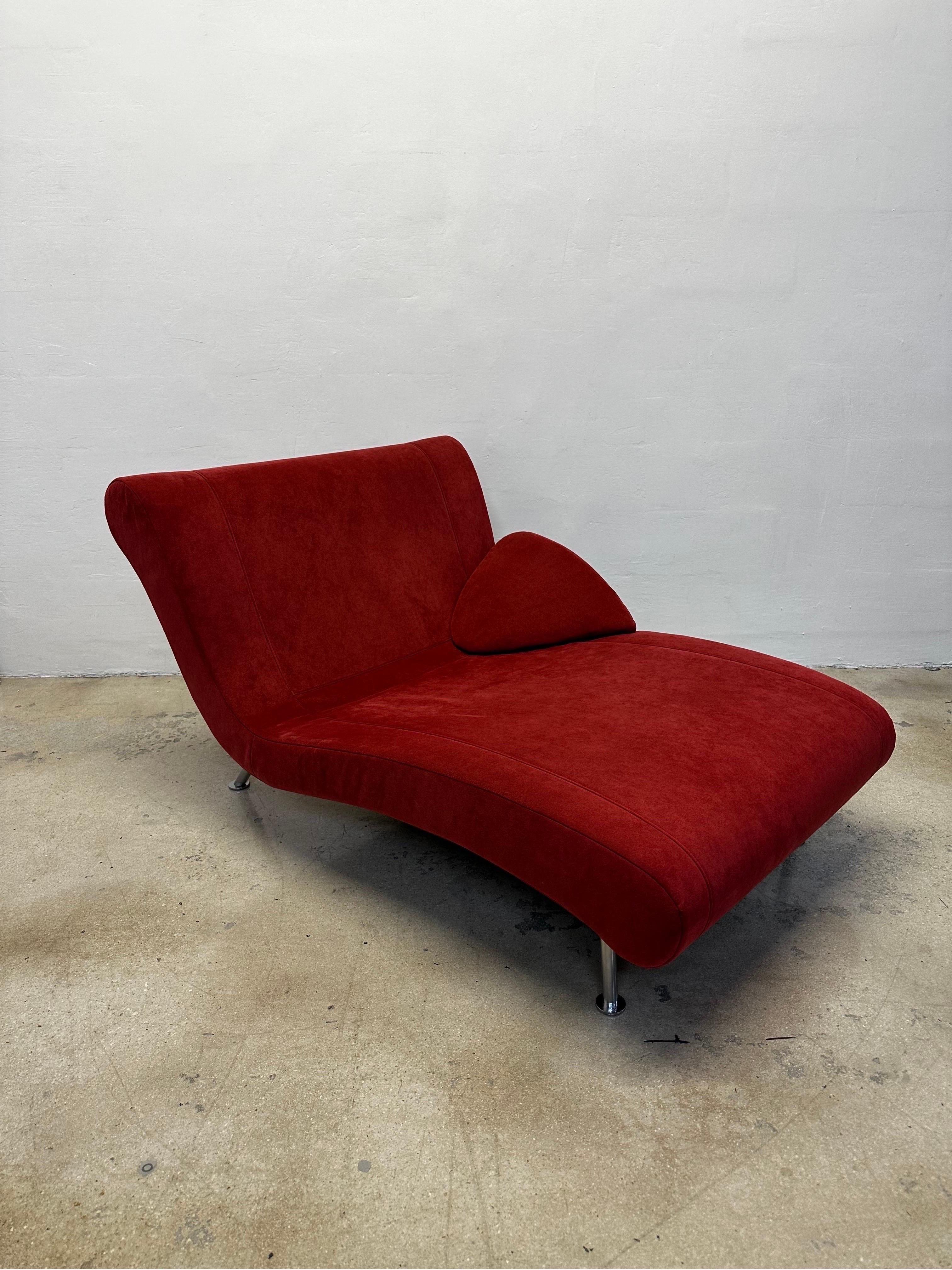 Dolce Vita Postmodern chaise lounge with burnt orange ultra suede fabric and newly powder-coated silver finished steel legs by Pascal Mourgue for Cinna Ligne Roset.