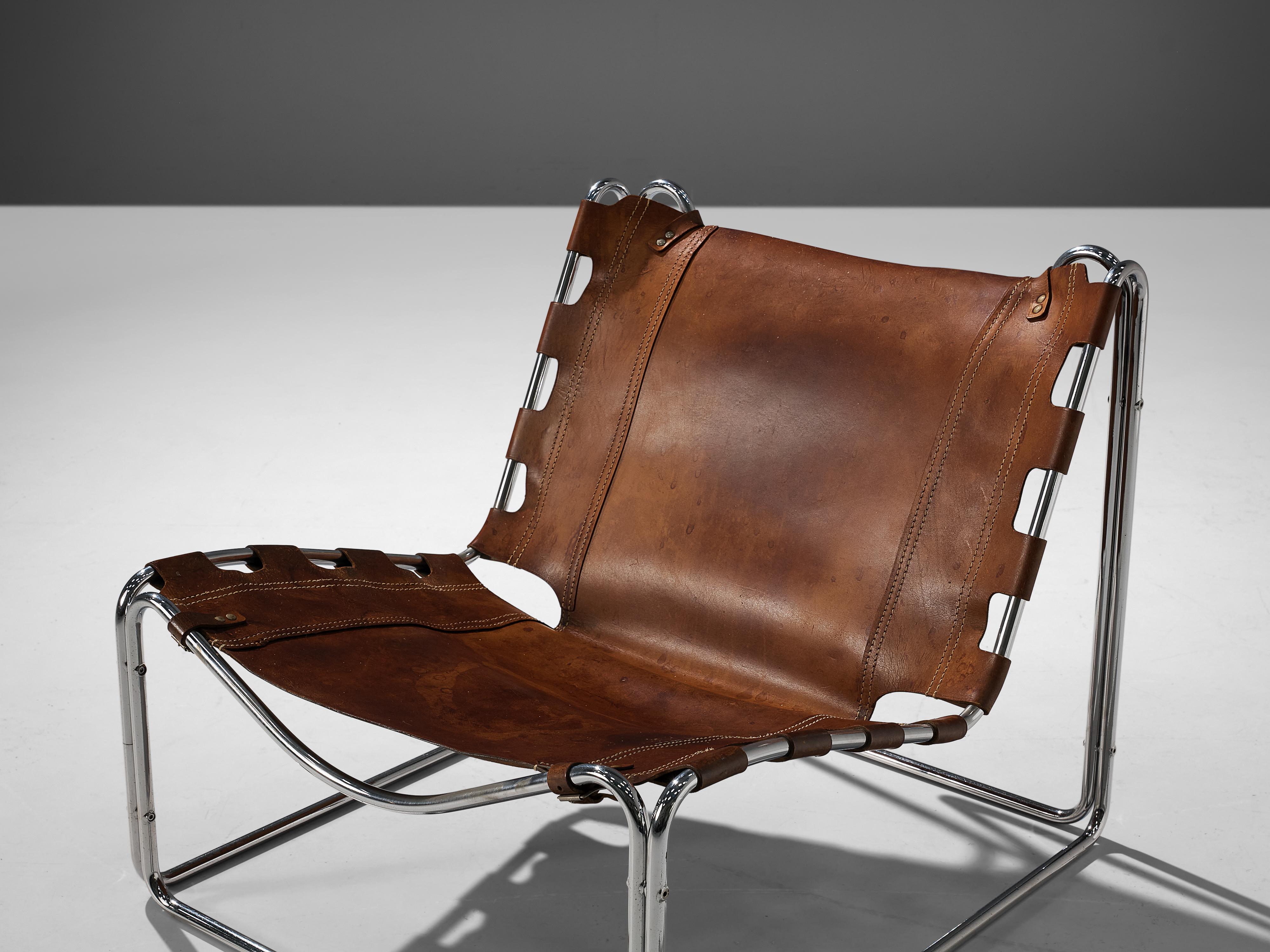 Mid-Century Modern Pascal Mourgue ‘Fabio’ Lounge Chair in Patinated Leather