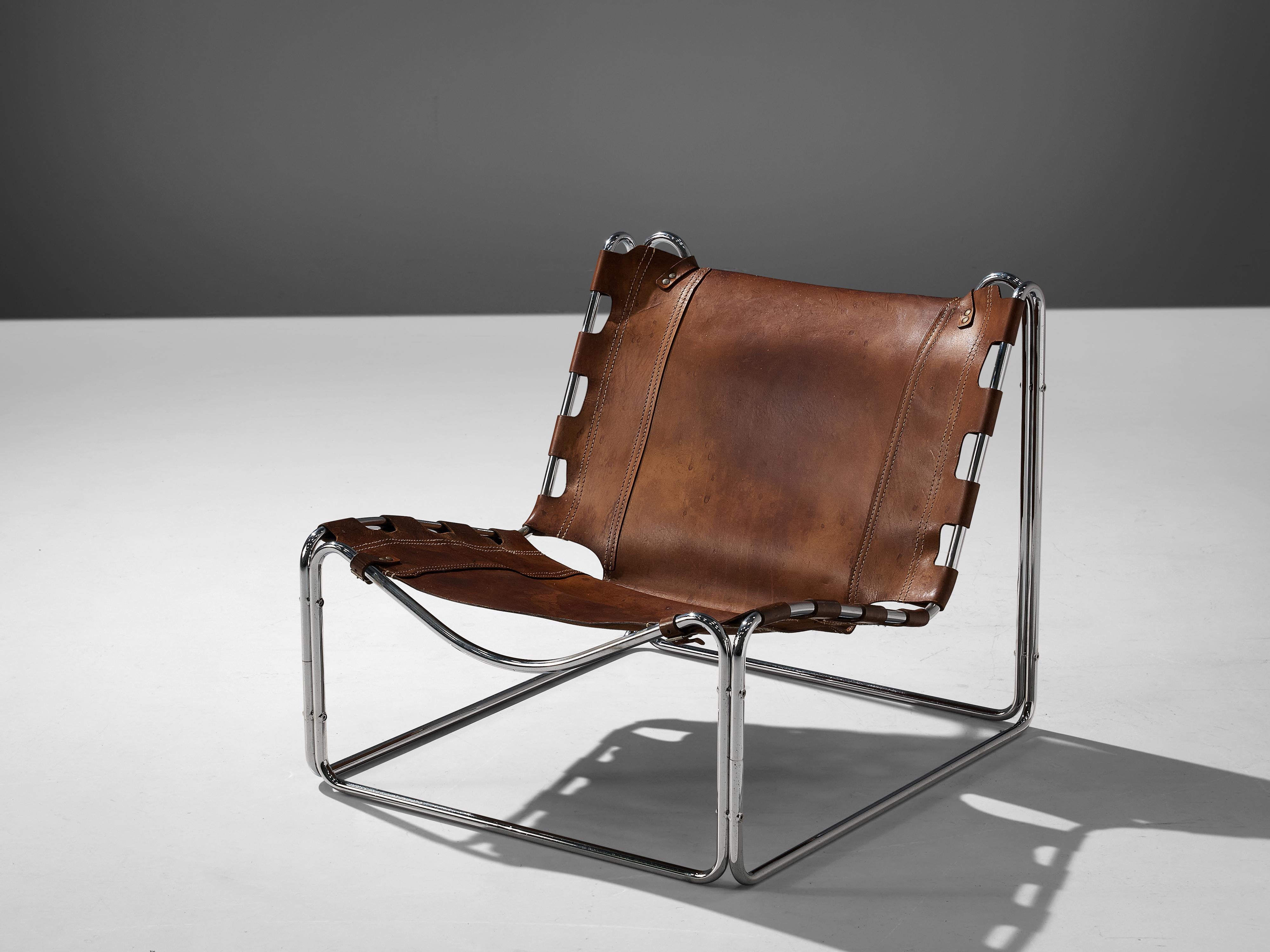 French Pascal Mourgue ‘Fabio’ Lounge Chair in Patinated Leather