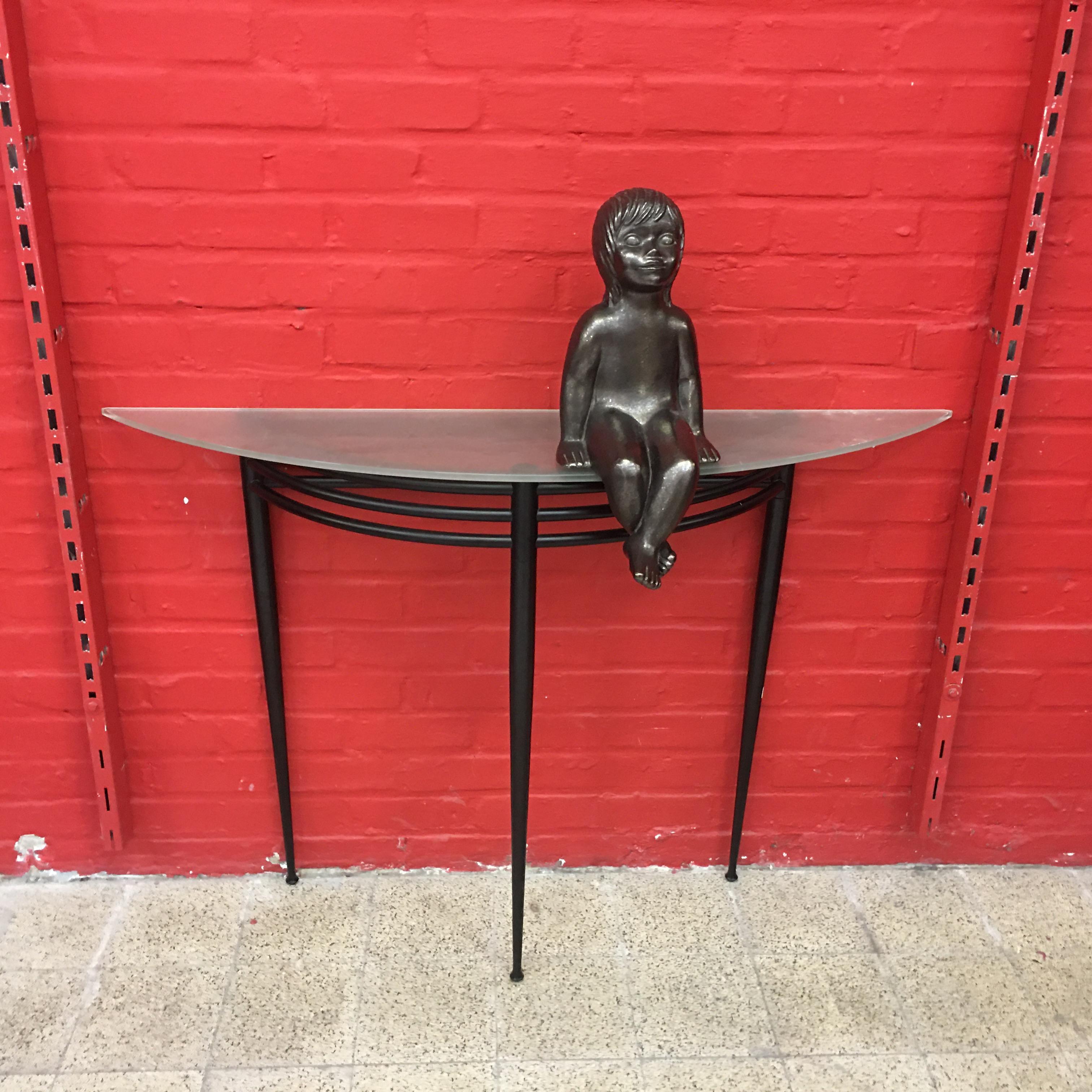 Mid-Century Modern Pascal Mourgue, Lacquered Metal Console, Sanded Glass Top For Sale