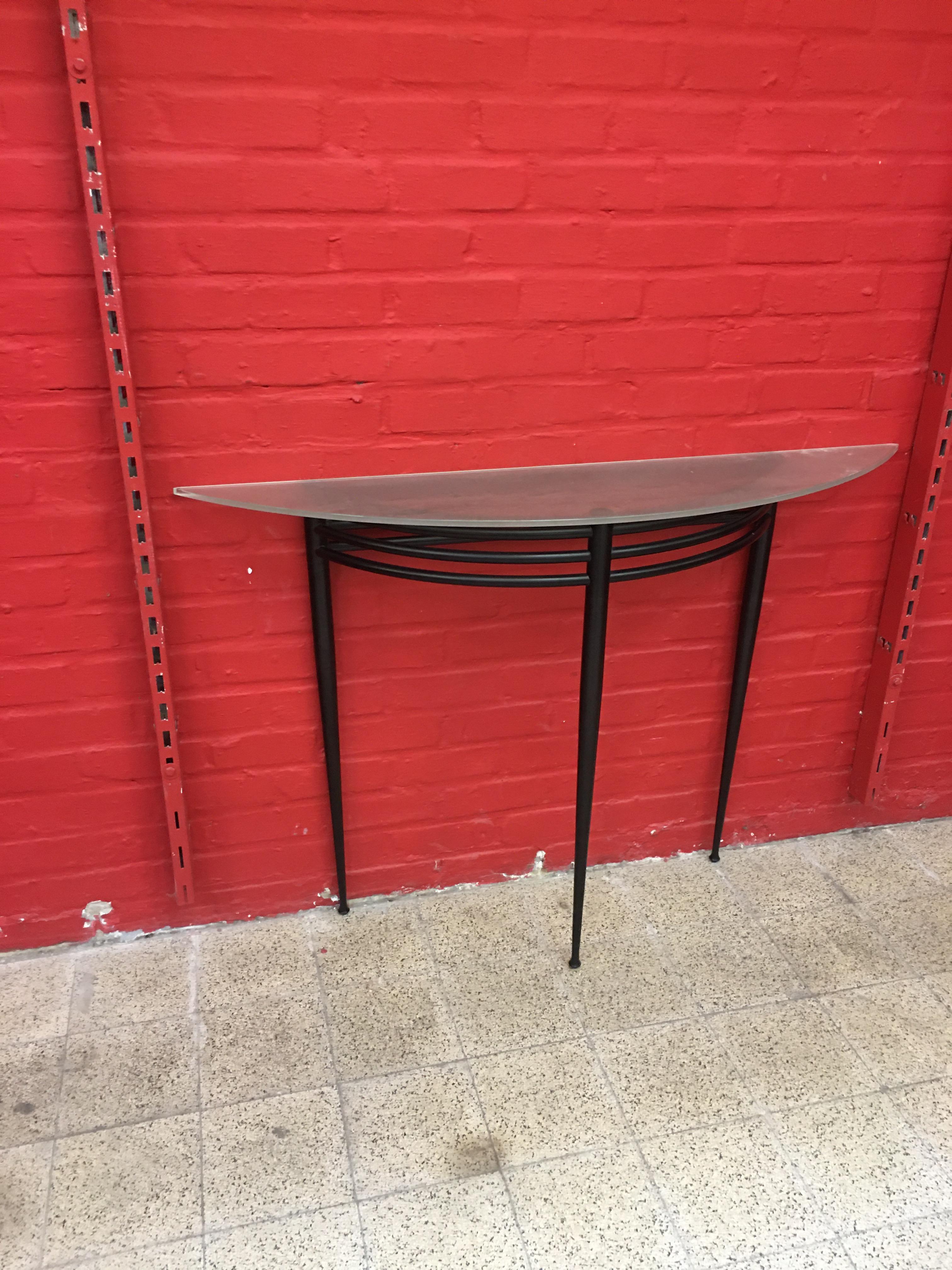 French Pascal Mourgue, Lacquered Metal Console, Sanded Glass Top For Sale