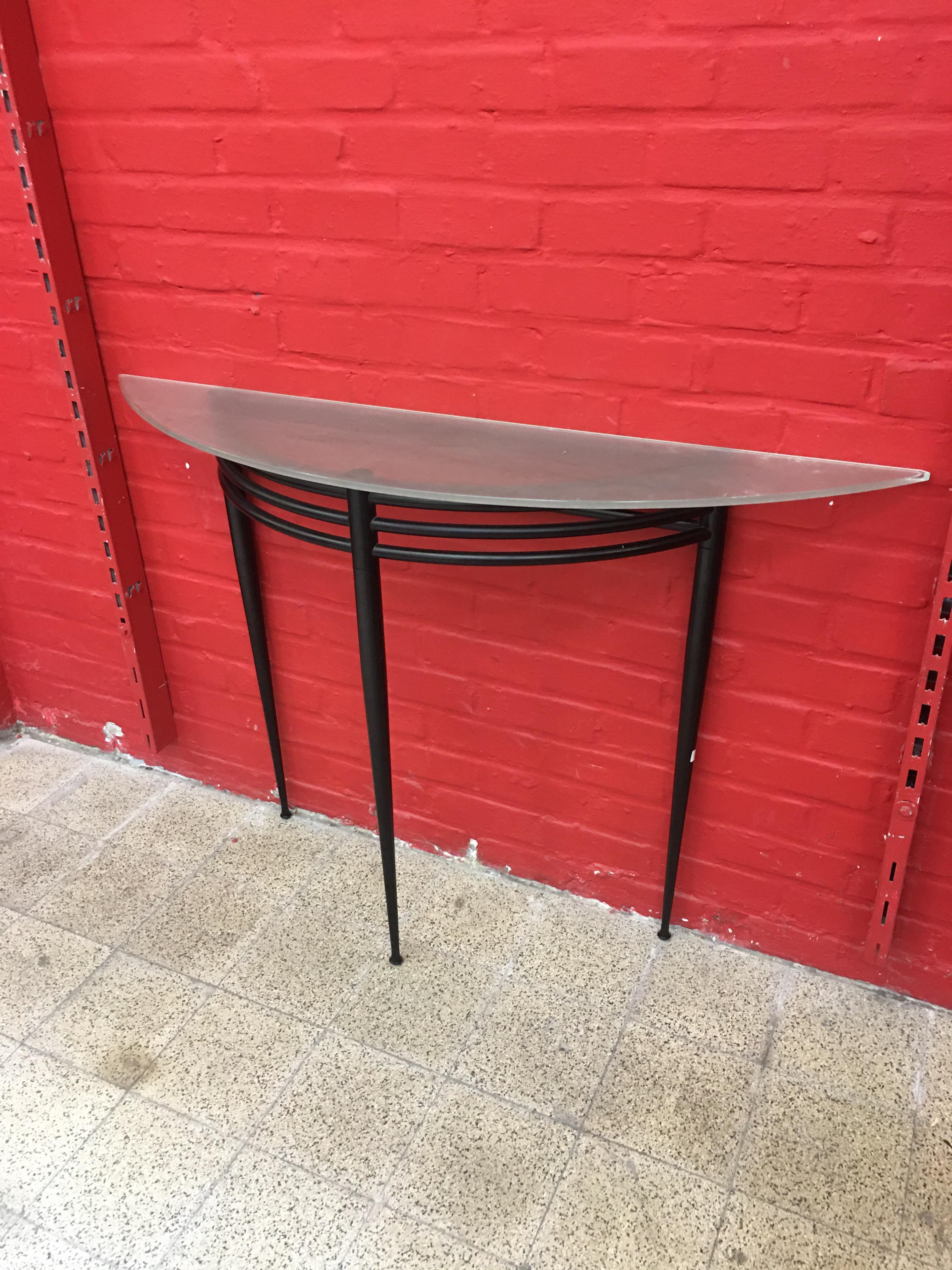 Pascal Mourgue, Lacquered Metal Console, Sanded Glass Top In Good Condition For Sale In Saint-Ouen, FR
