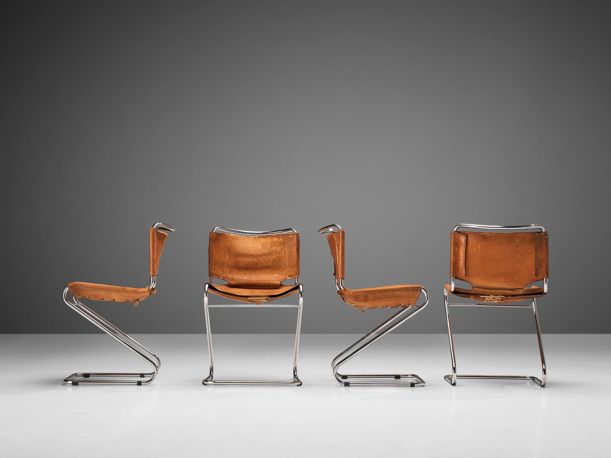 Pascal Mourgue: Vierer-Set „Biscia“-Stühle aus cognacfarbenem Leder (Französisch) im Angebot