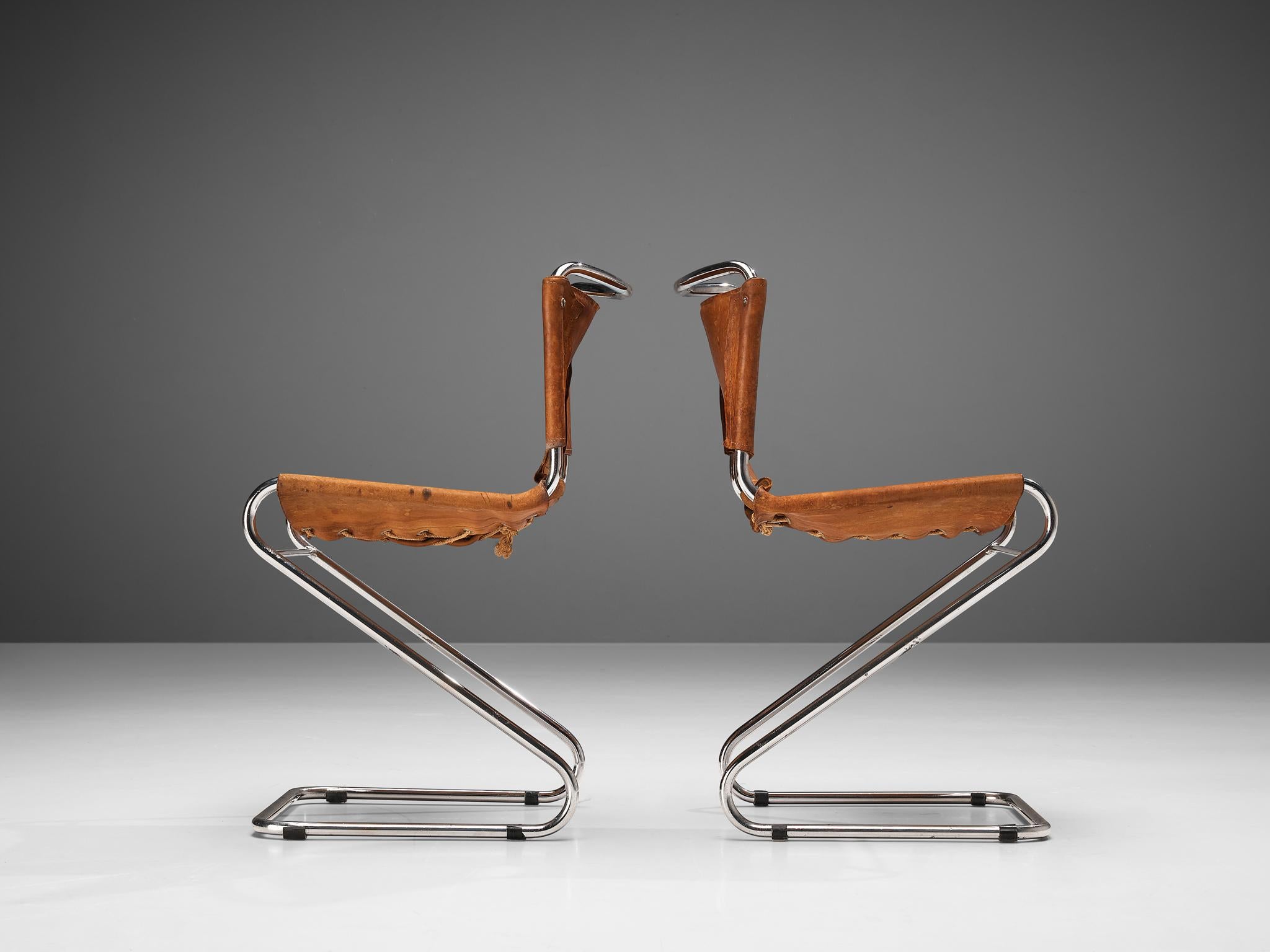 Mid-Century Modern Pascal Mourgue Set of Four 'Biscia' Chairs in Cognac Leather For Sale