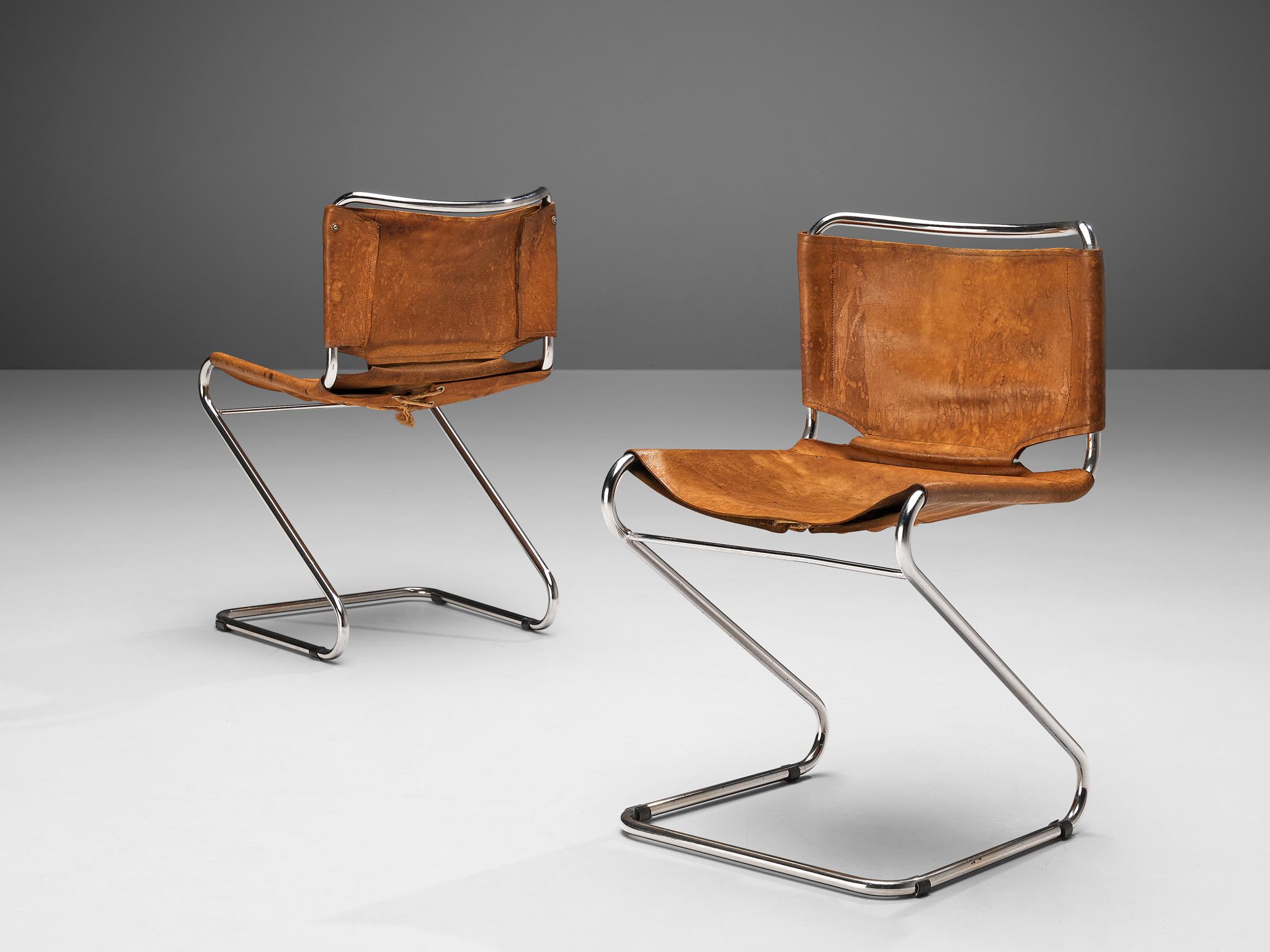 Pascal Mourgue: Vierer-Set „Biscia“-Stühle aus cognacfarbenem Leder (Metall) im Angebot