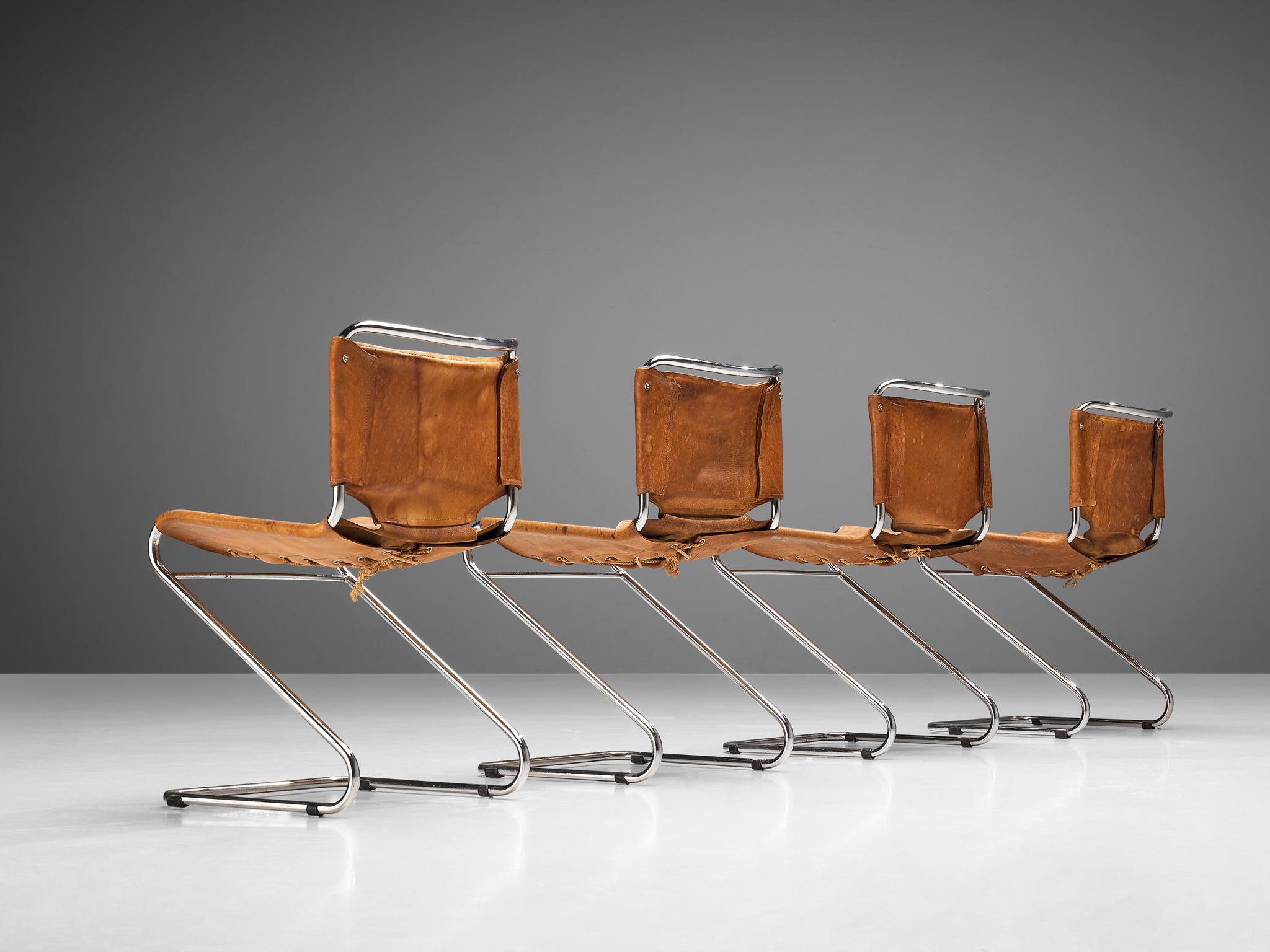 Pascal Mourgue: Vierer-Set „Biscia“-Stühle aus cognacfarbenem Leder im Angebot 1