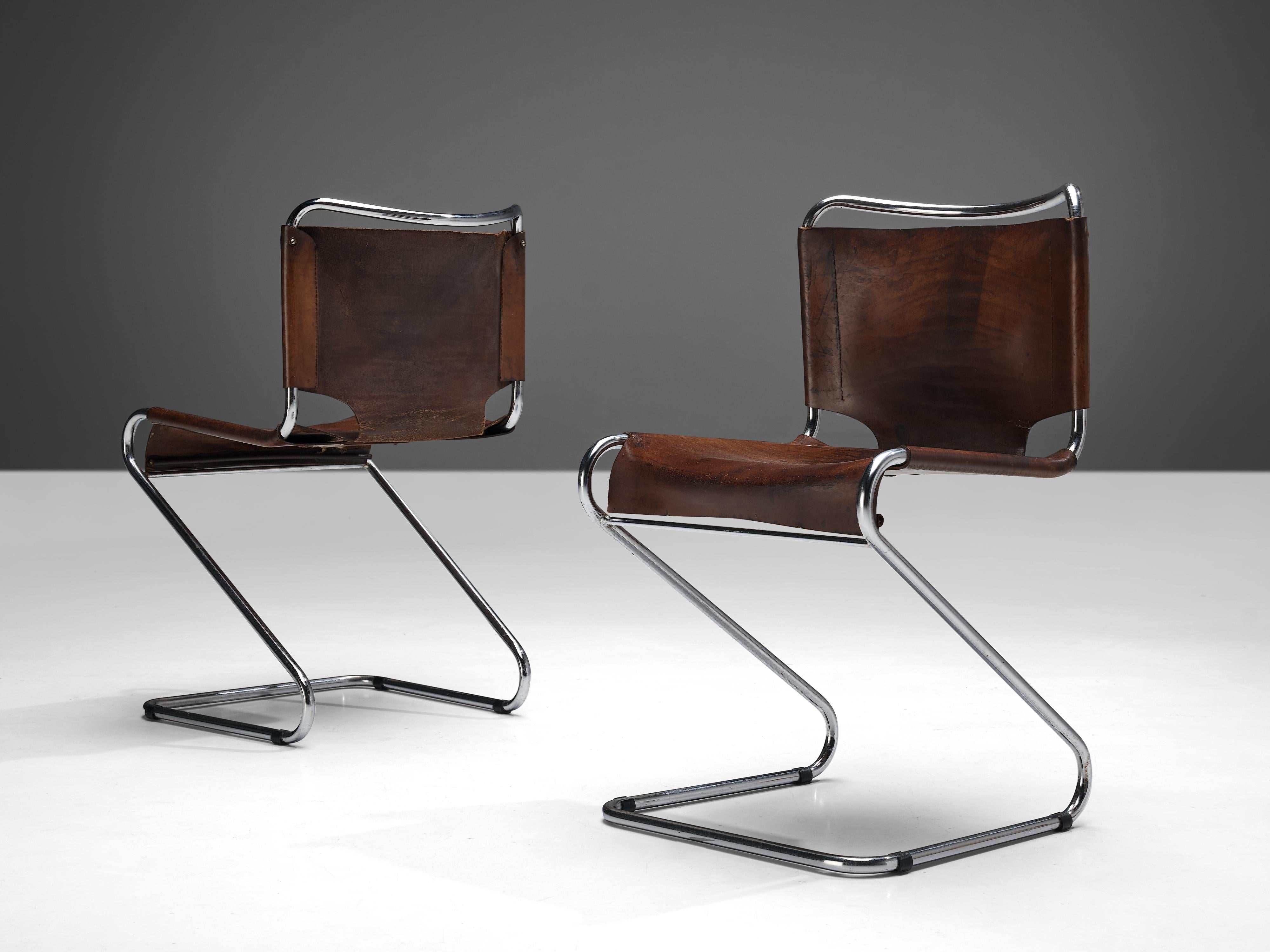 Mid-20th Century Pascal Mourgue Set of Four 'Biscia' Chairs in Brown Leather