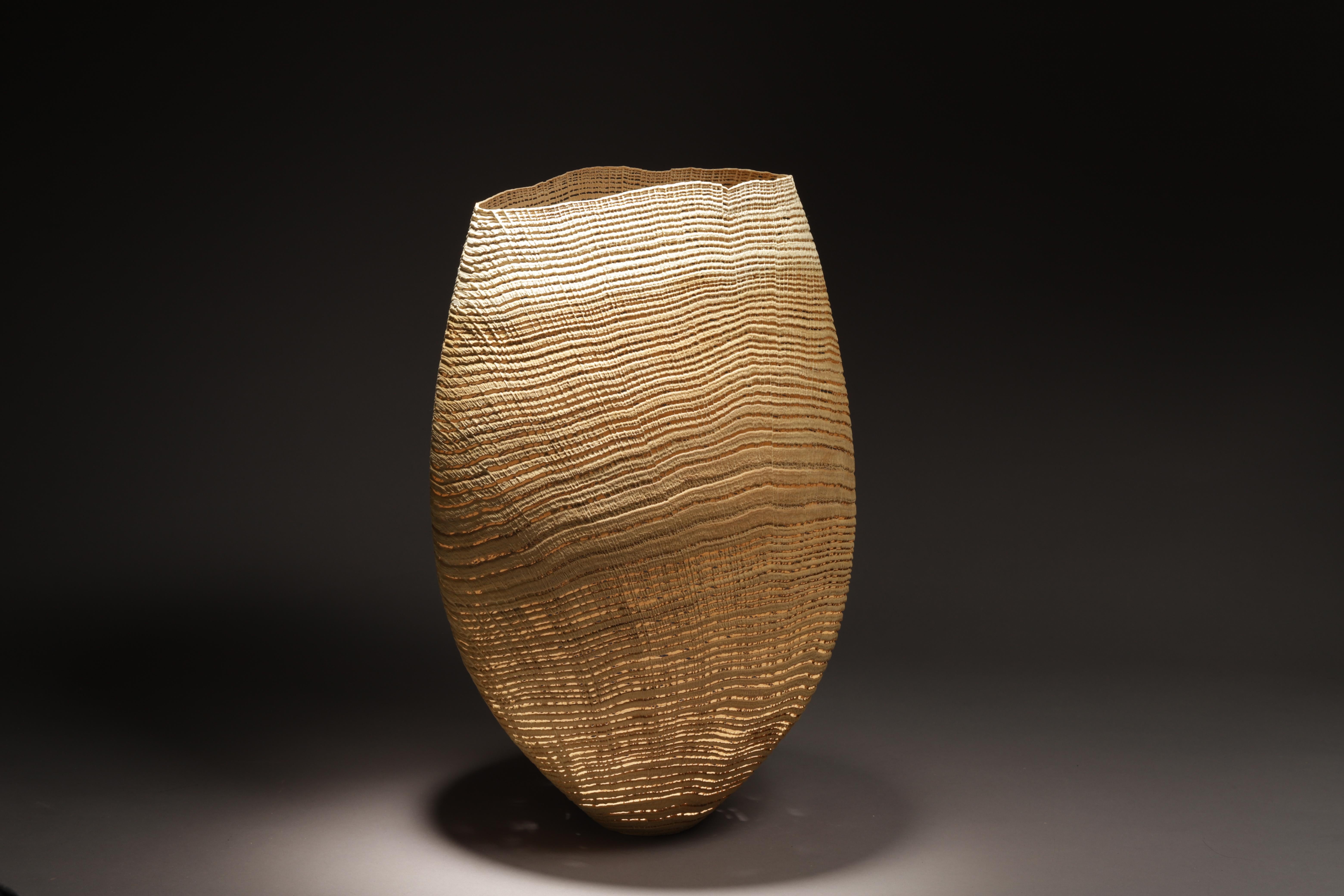 Natural beige color Vase Sculpture 1029 - Lathe-Turned & Sandblasted wood Oak - Contemporary Art by pascal oudet