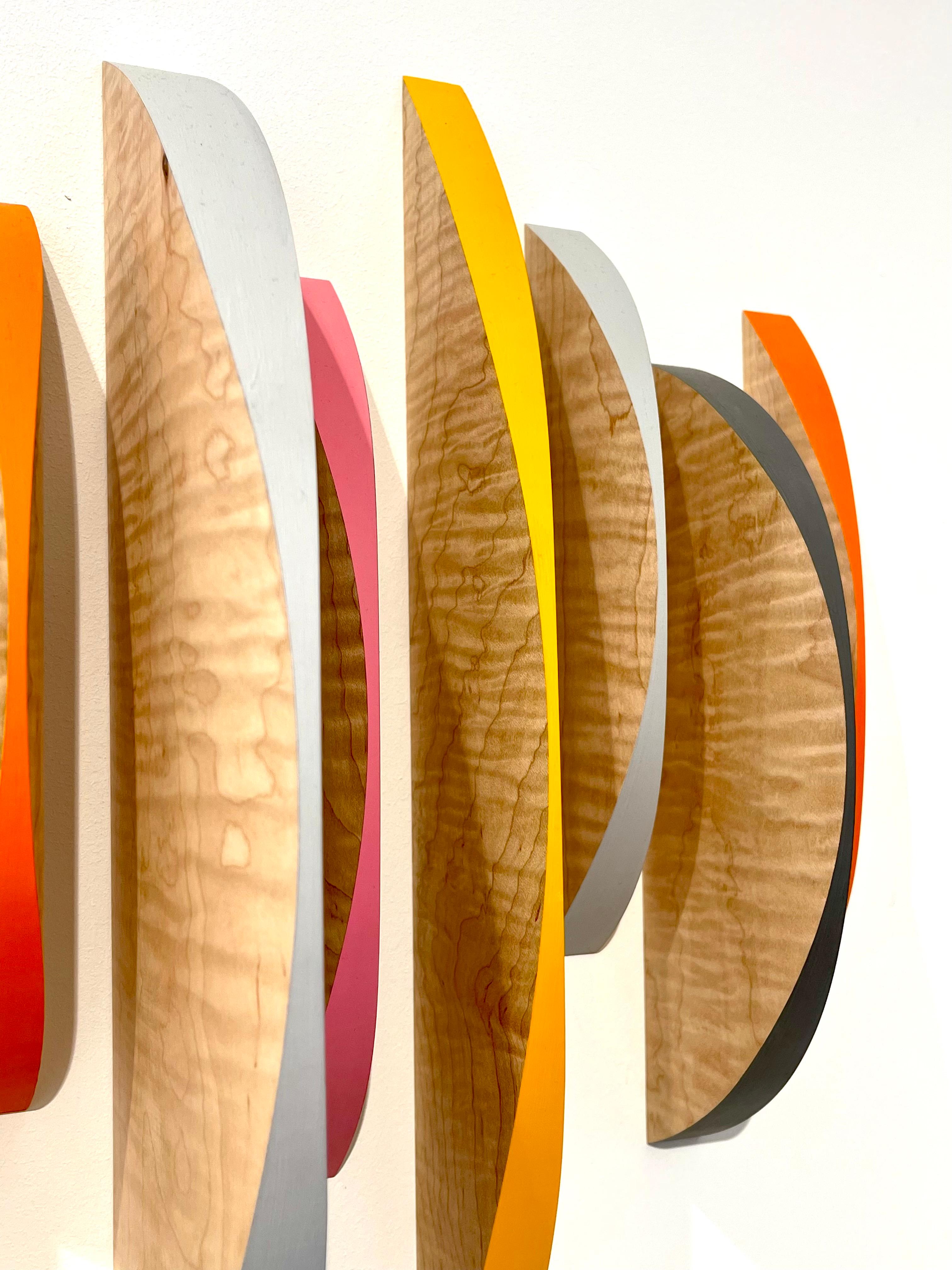 This is a rare piece from Pascal Piermé, with fantastic volumes on a small wall space.
A structural and powerful piece with energetic and primary accents of colors. 
Unique piece signed by the artist.
Wood : maple

Pascal Pierme approaches his art