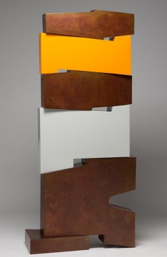 Tall outside sculpture, geometric abstract steel sculpture, steel and orange