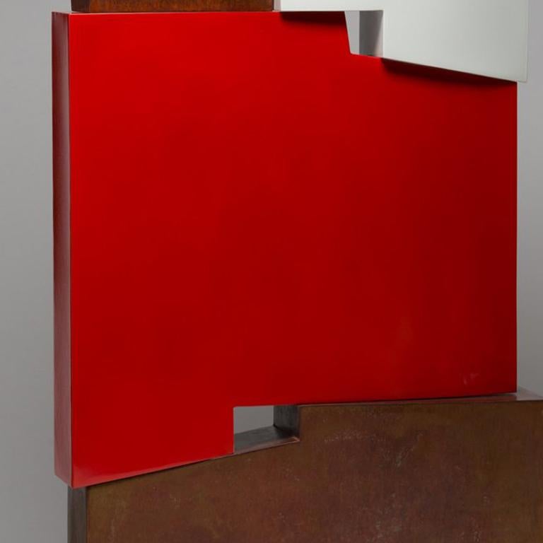 Tall outside sculpture, geometric abstract steel sculpture, steel and red - Sculpture by Pascal Pierme