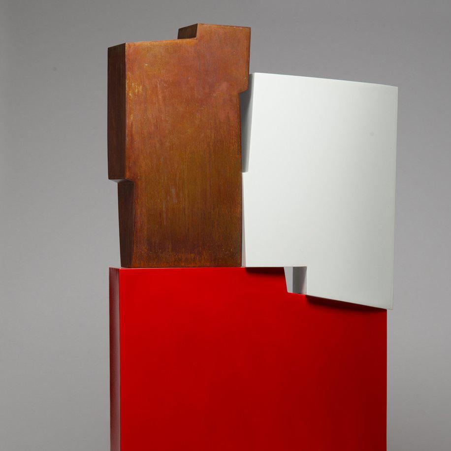 Tall outside sculpture, geometric abstract steel sculpture, steel and red - Abstract Sculpture by Pascal Pierme