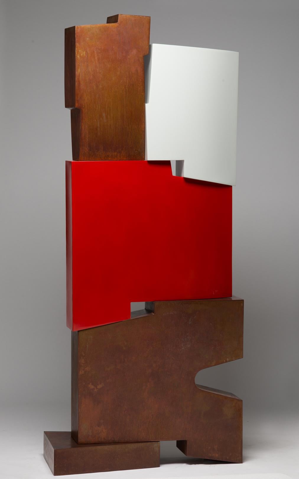 Pascal Pierme Abstract Sculpture - Tall outside sculpture, geometric abstract steel sculpture, steel and red