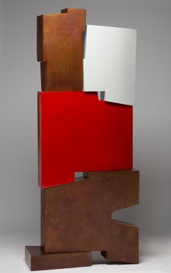 Tall outside sculpture, geometric abstract steel sculpture, steel and red