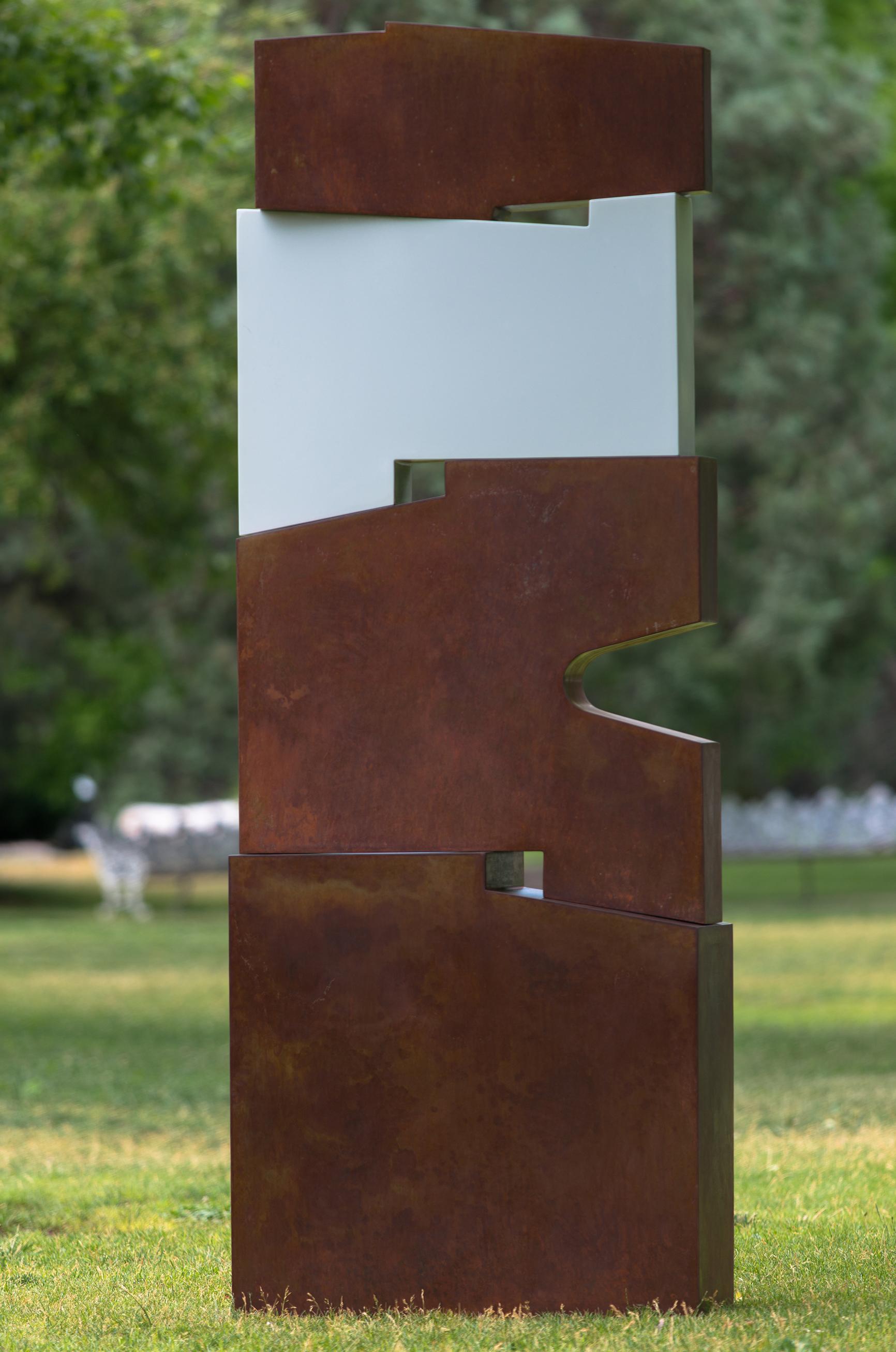 Pascal Pierme Abstract Sculpture - Tall outside sculpture, geometric abstract steel sculpture, steel and white