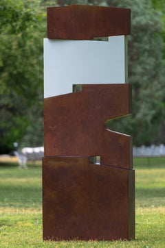 Tall outside sculpture, geometric abstract steel sculpture, steel and white