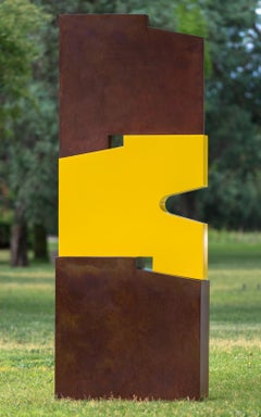 Tall outside sculpture, geometric abstract steel sculpture, steel and yellow
