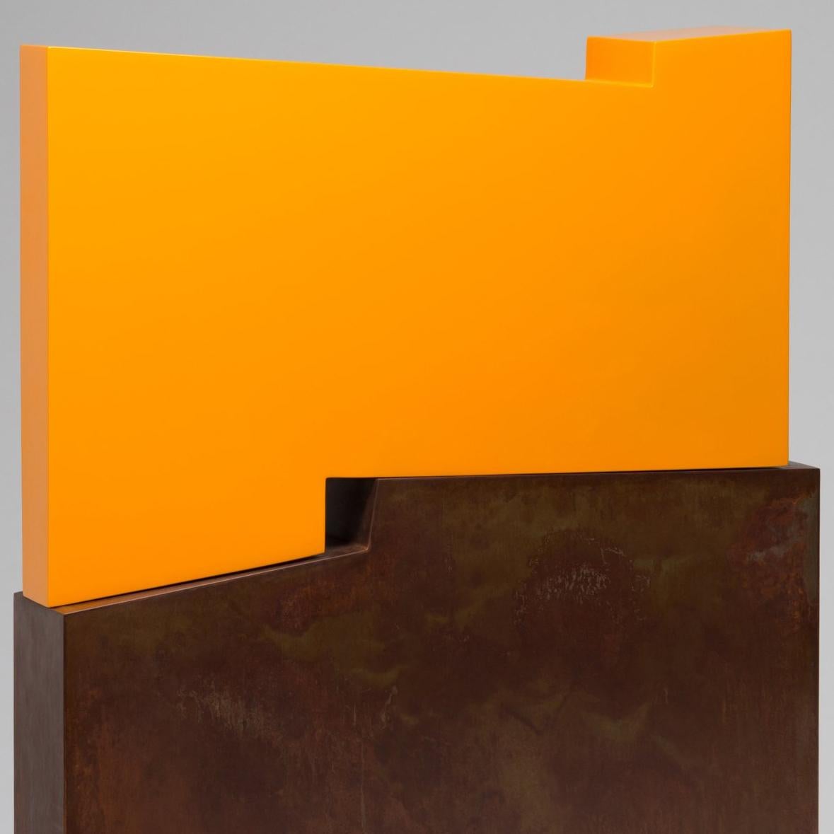 Tall outside sculpture, geometric abstract steel sculpture, steel orange - Sculpture by Pascal Pierme