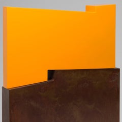 Tall outside sculpture, geometric abstract steel sculpture, steel orange