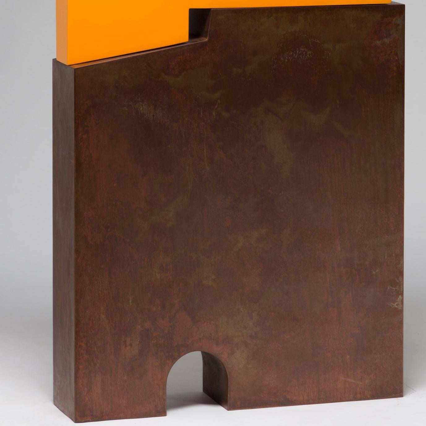 Tall outside sculpture, geometric abstract steel sculpture, steel orange - Abstract Sculpture by Pascal Pierme