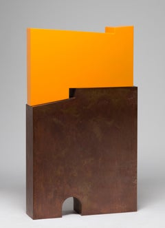 Tall outside sculpture, geometric abstract steel sculpture, steel orange