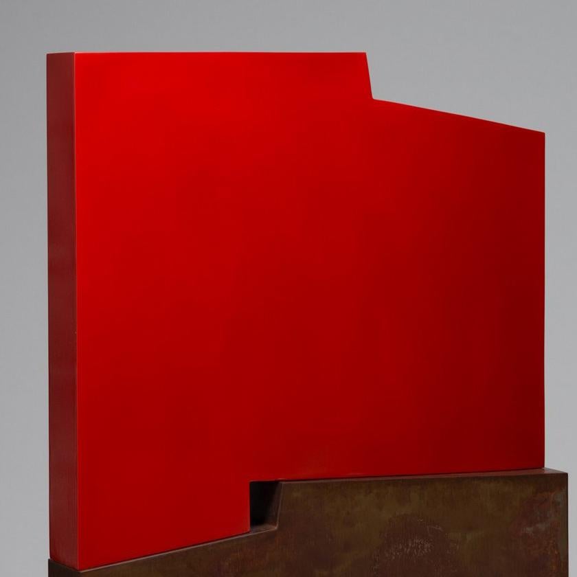Tall outside sculpture, geometric abstract steel sculpture, steel red - Sculpture by Pascal Pierme